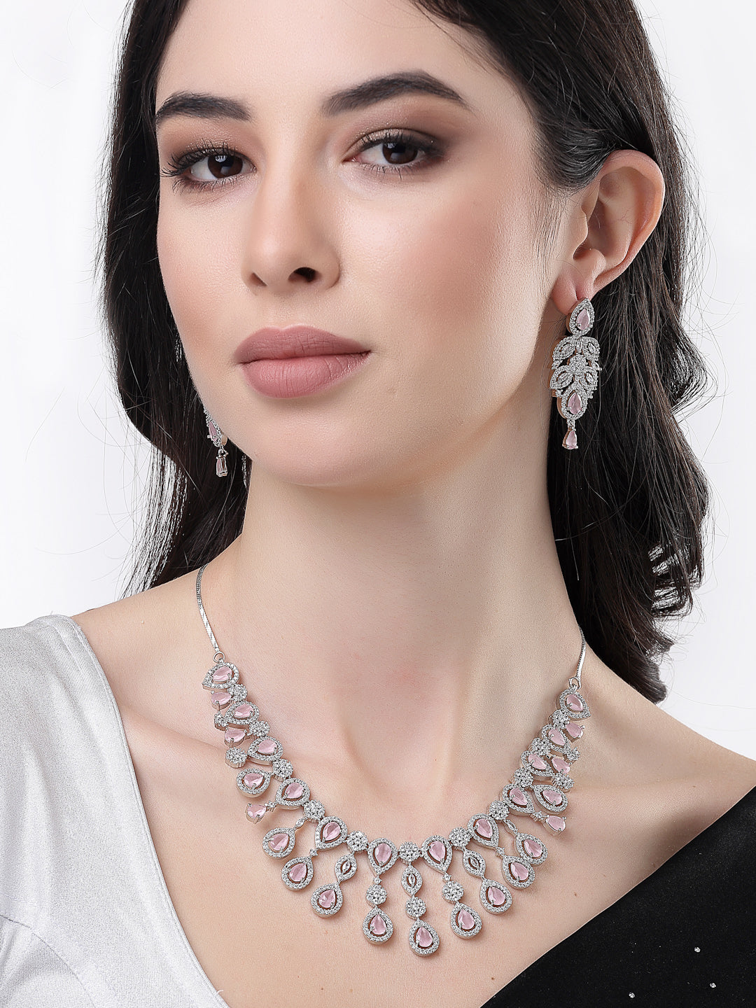 Women's silver plated & Pink CZ stone handcrafted jewellery set