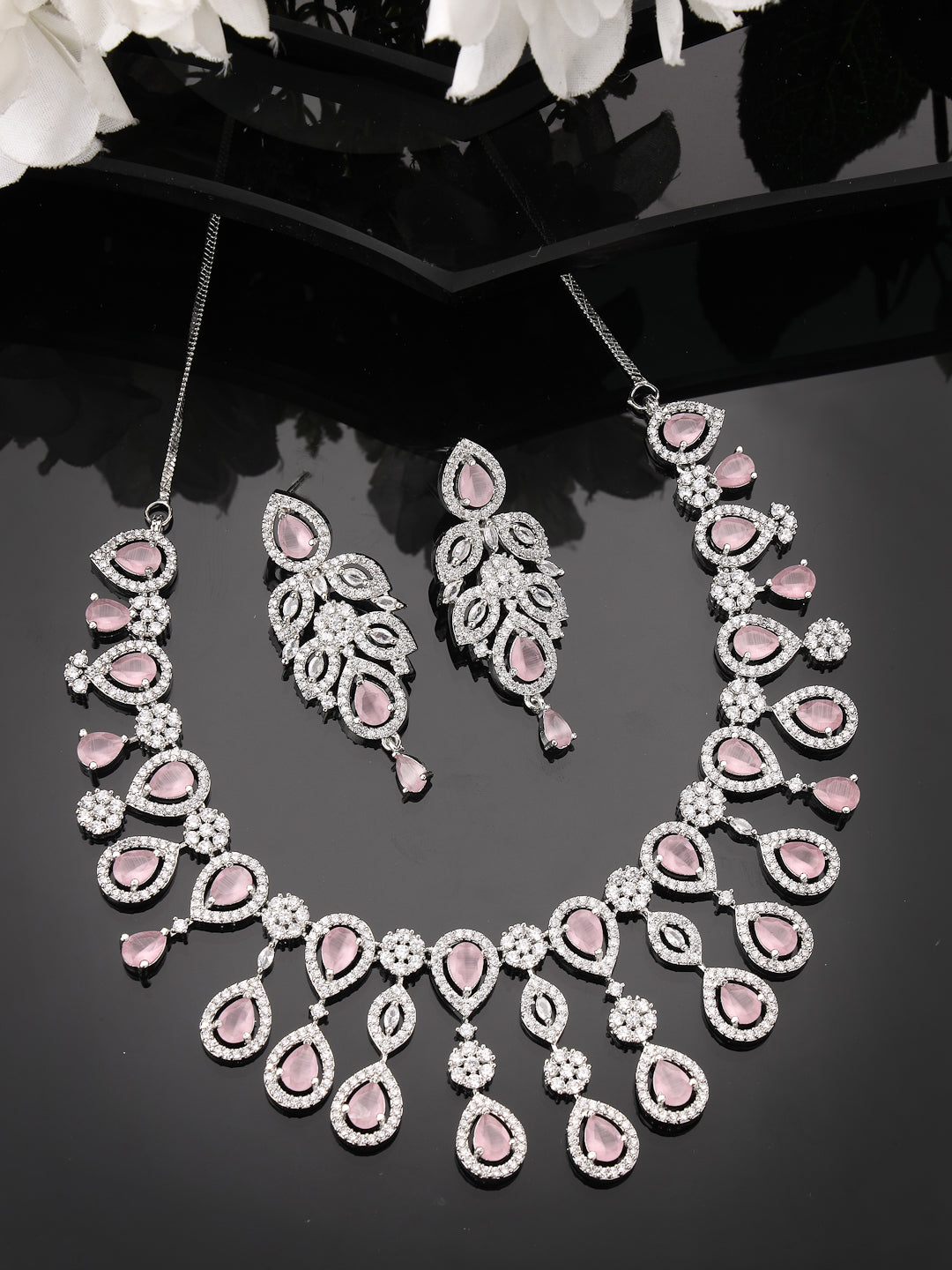 Women's silver plated & Pink CZ stone handcrafted jewellery set - NVR