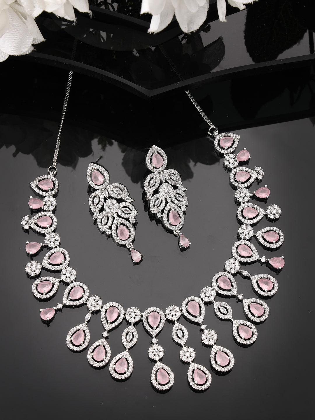 Women's silver plated & Pink CZ stone handcrafted jewellery set