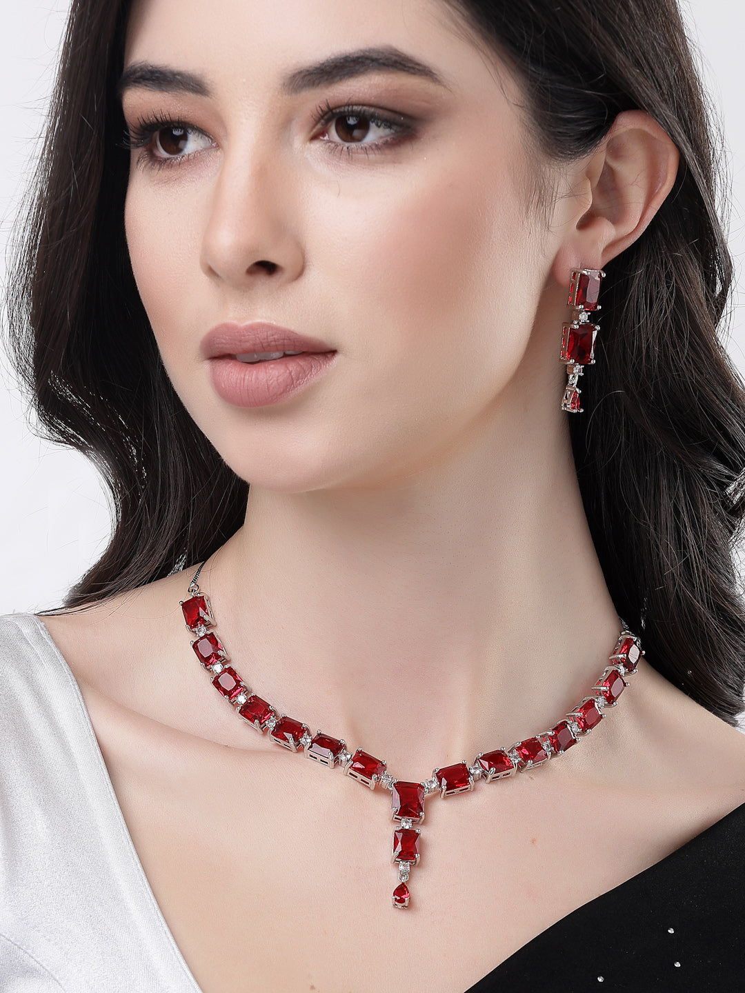 Women's silver plated & Maroon CZ stone handcrafted jewellery set