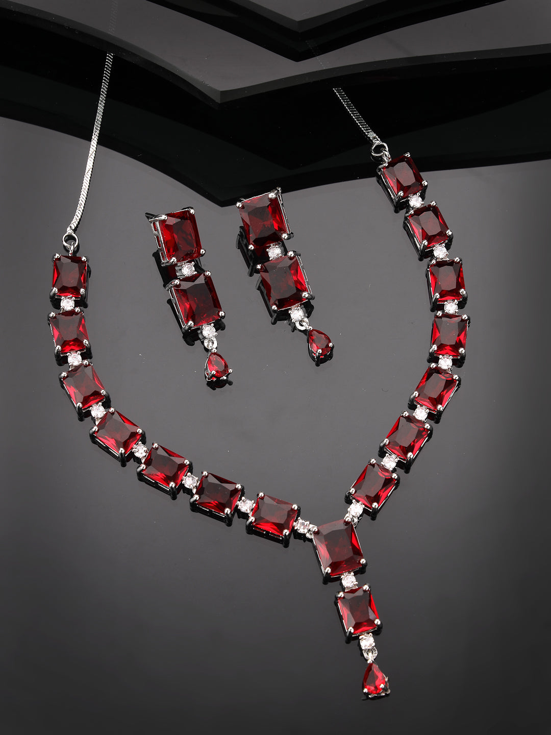 Women's silver plated & Maroon CZ stone handcrafted jewellery set