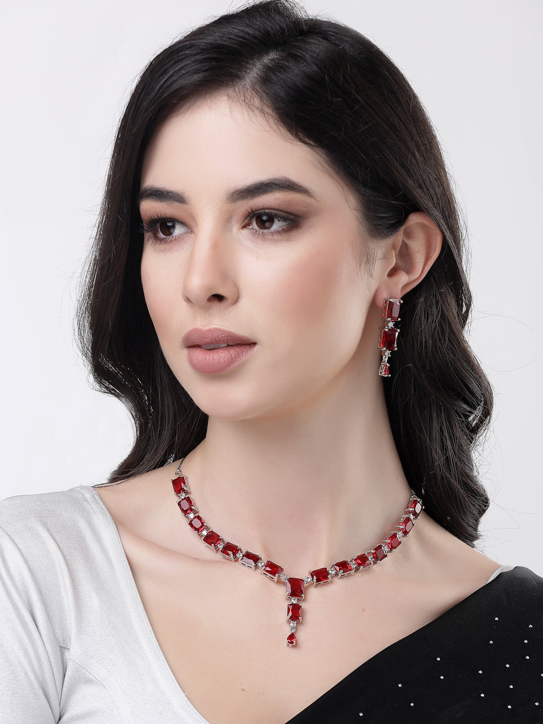 Women's silver plated & Maroon CZ stone handcrafted jewellery set