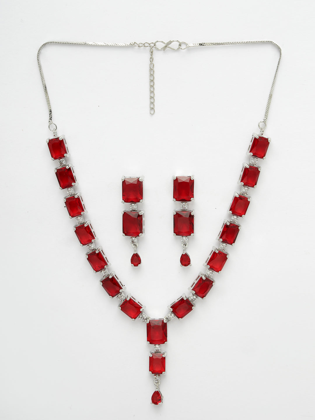 Women's silver plated & Maroon CZ stone handcrafted jewellery set
