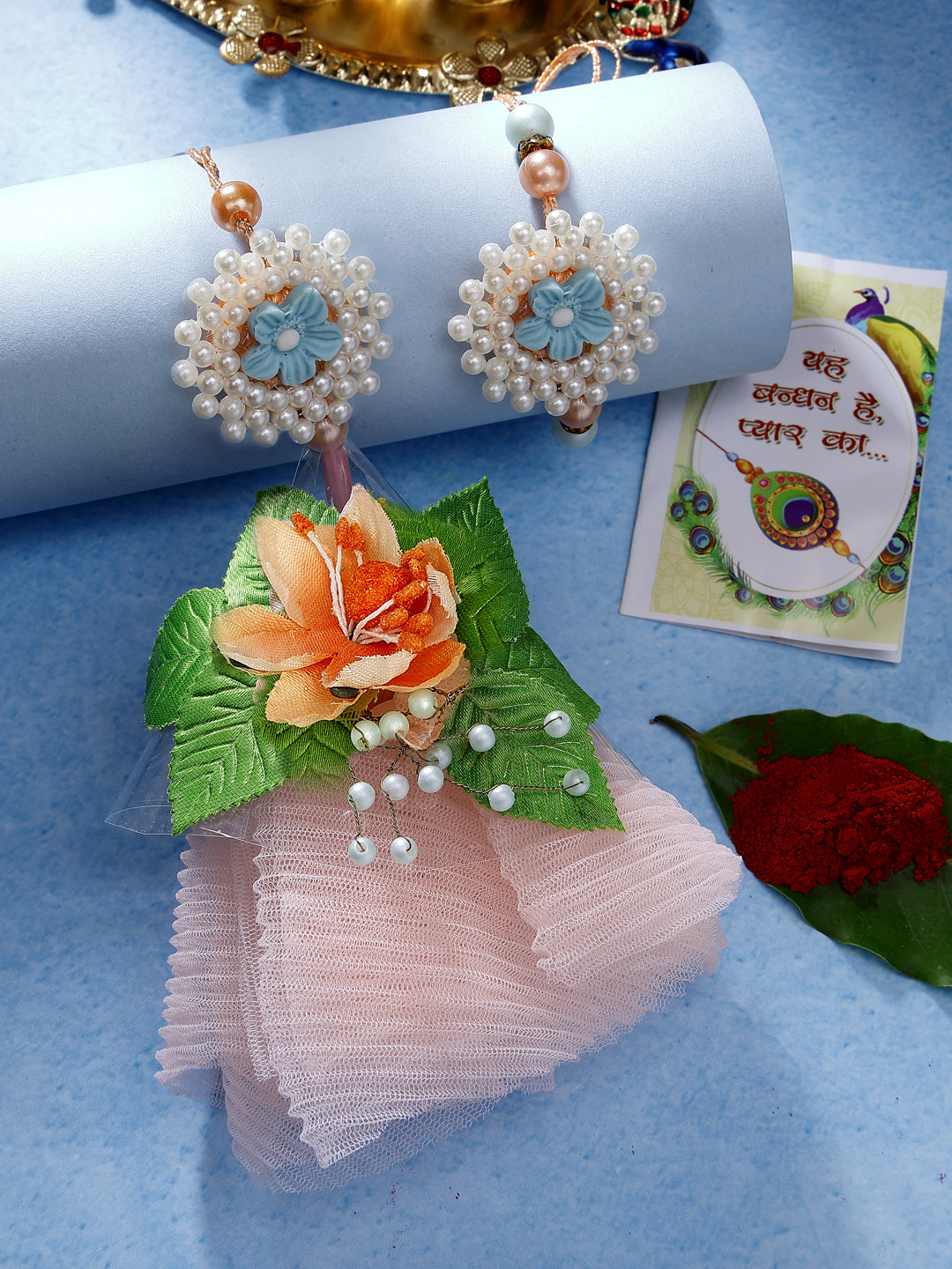 Set Of 2 Peach Floral Design Pearl Beaded Bhaiya Bhabi Rakhi With Roli Chawal - Nvr