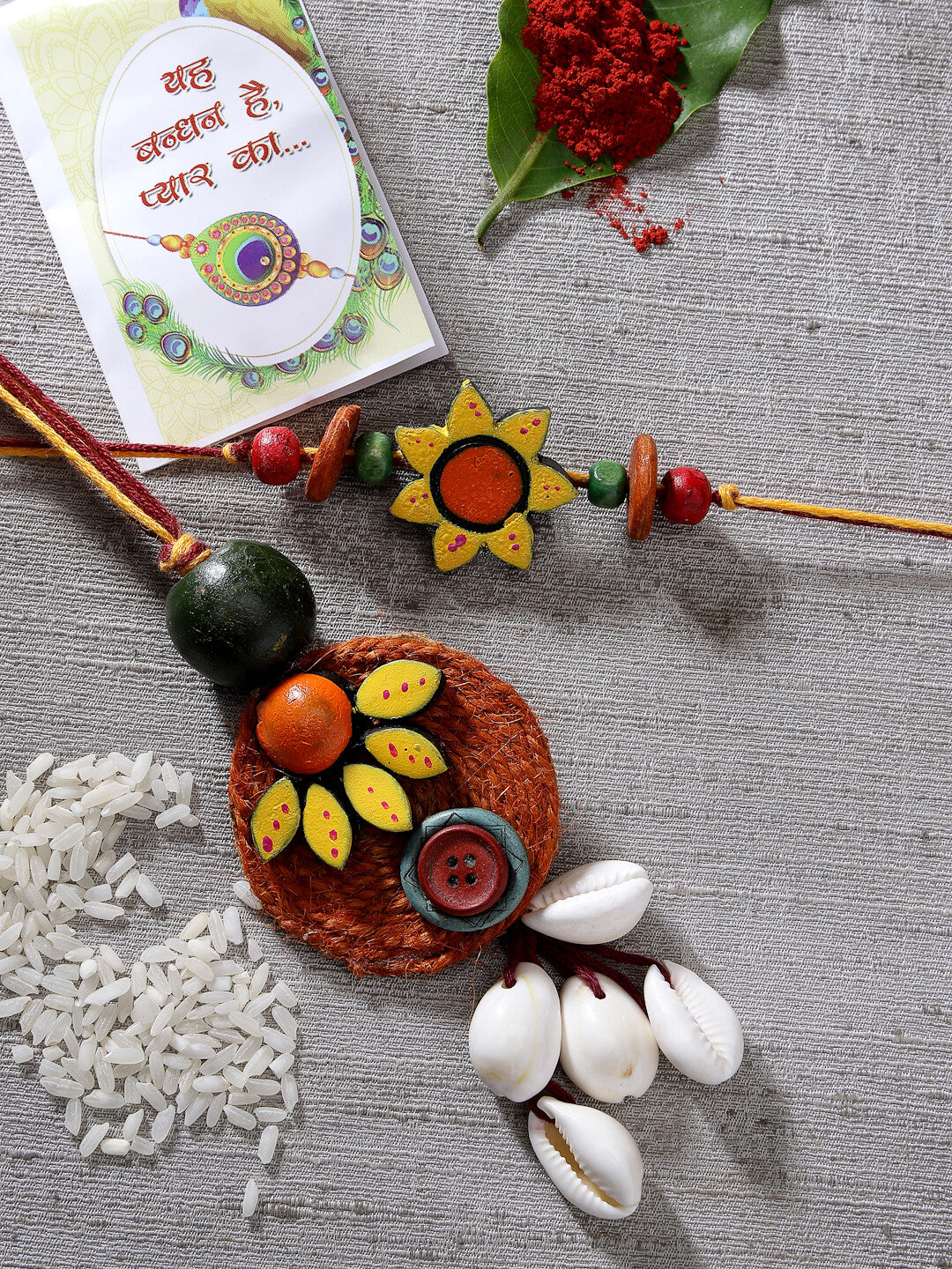 Set Of 2 Multicolor Sea Shell Handcrafted Bhaiya Bhabhi Rakhi With Roli Chawal & Chocolate - Nvr