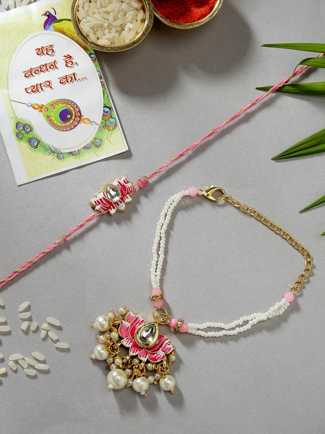 Set Of 2 Pink Lotus Shape Kundan-Studded & Beaded Handcrafted Wraparound Rakhi Set With Roli Chawal - Nvr
