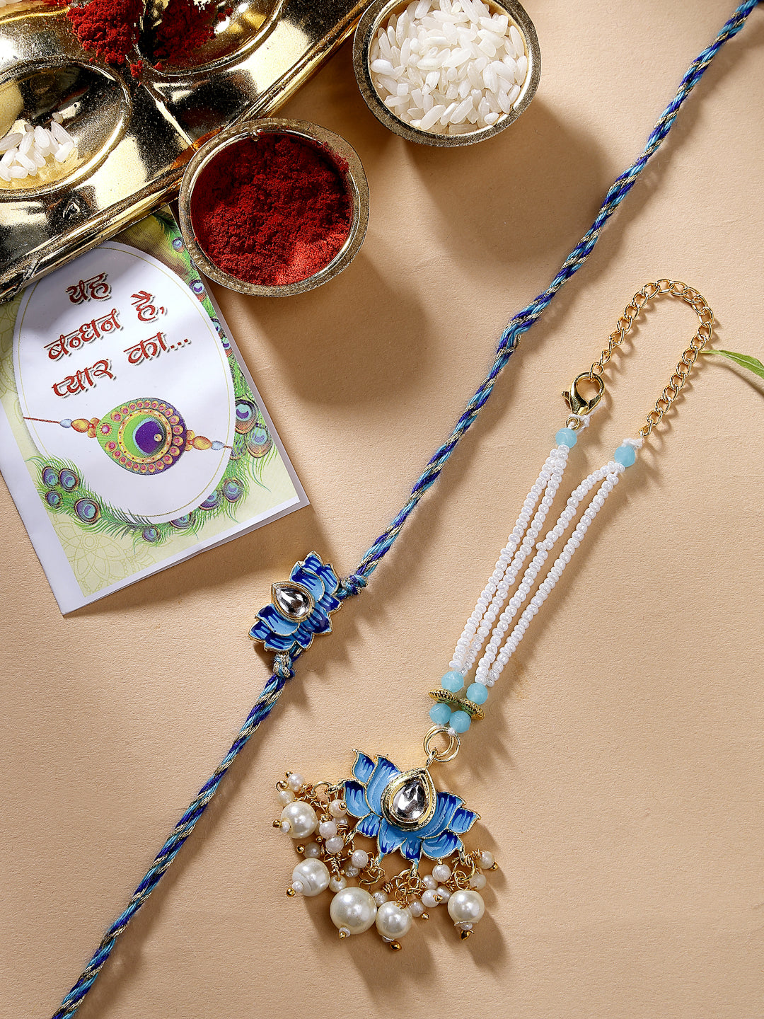 Set Of 2 Blue Lotus Shape Kundan-Studded & Beaded Handcrafted Wraparound Rakhi Set With Roli Chawal - Nvr