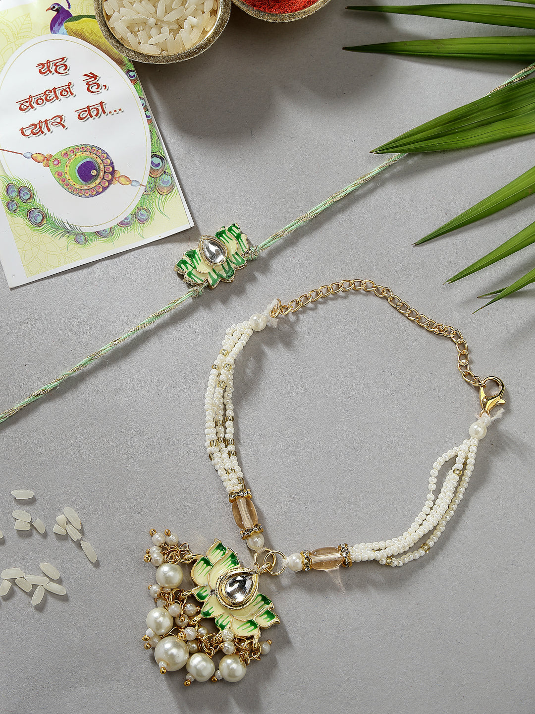 Set Of 2 Green Lotus Shape Kundan-Studded & Beaded Handcrafted Wraparound Rakhi Set With Roli Chawal - Nvr