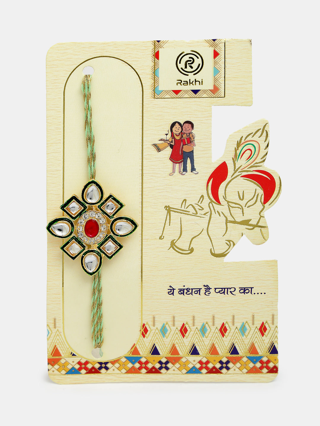 Set Of 2 Gold Kundan-Studded Handcrafted Wraparound Rakhi Set With Roli Chawal & Chocolate - Nvr