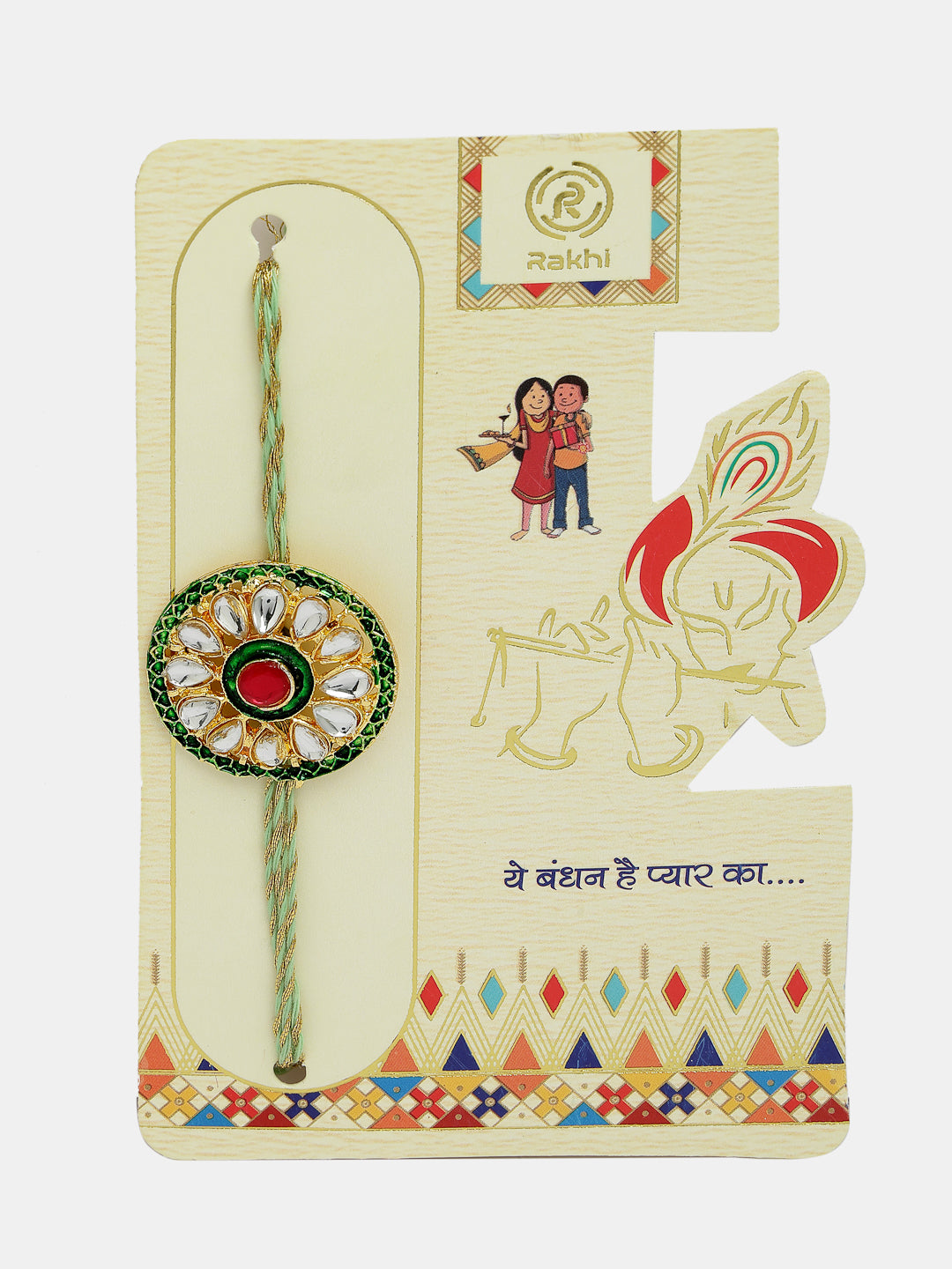 Set Of 2 Gold Kundan-Studded Handcrafted Wraparound Rakhi Set With Roli Chawal & Chocolate - Nvr