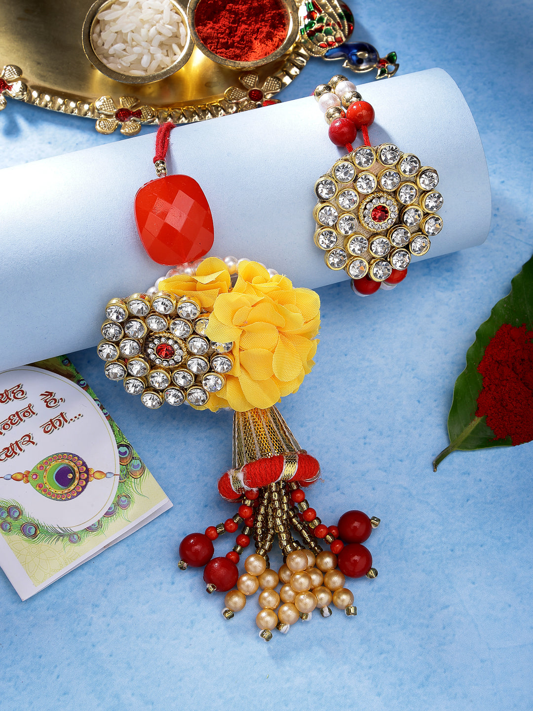 Set Of 2 Red & Gold-Toned Stone-Studded & Beaded Bhaiya Bhabhi Rakhi With Roli Chawal & Chocolate - Nvr
