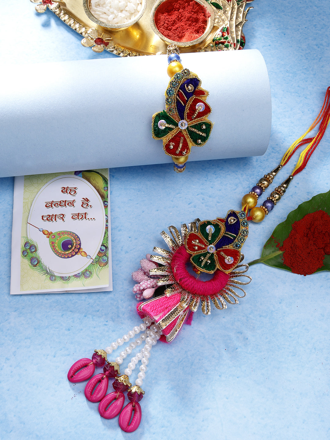 Set Of 2 Multicolor Thread Work & Beaded Bhaiya Bhabhi Rakhi With Roli Chawal & Chocolate - Nvr