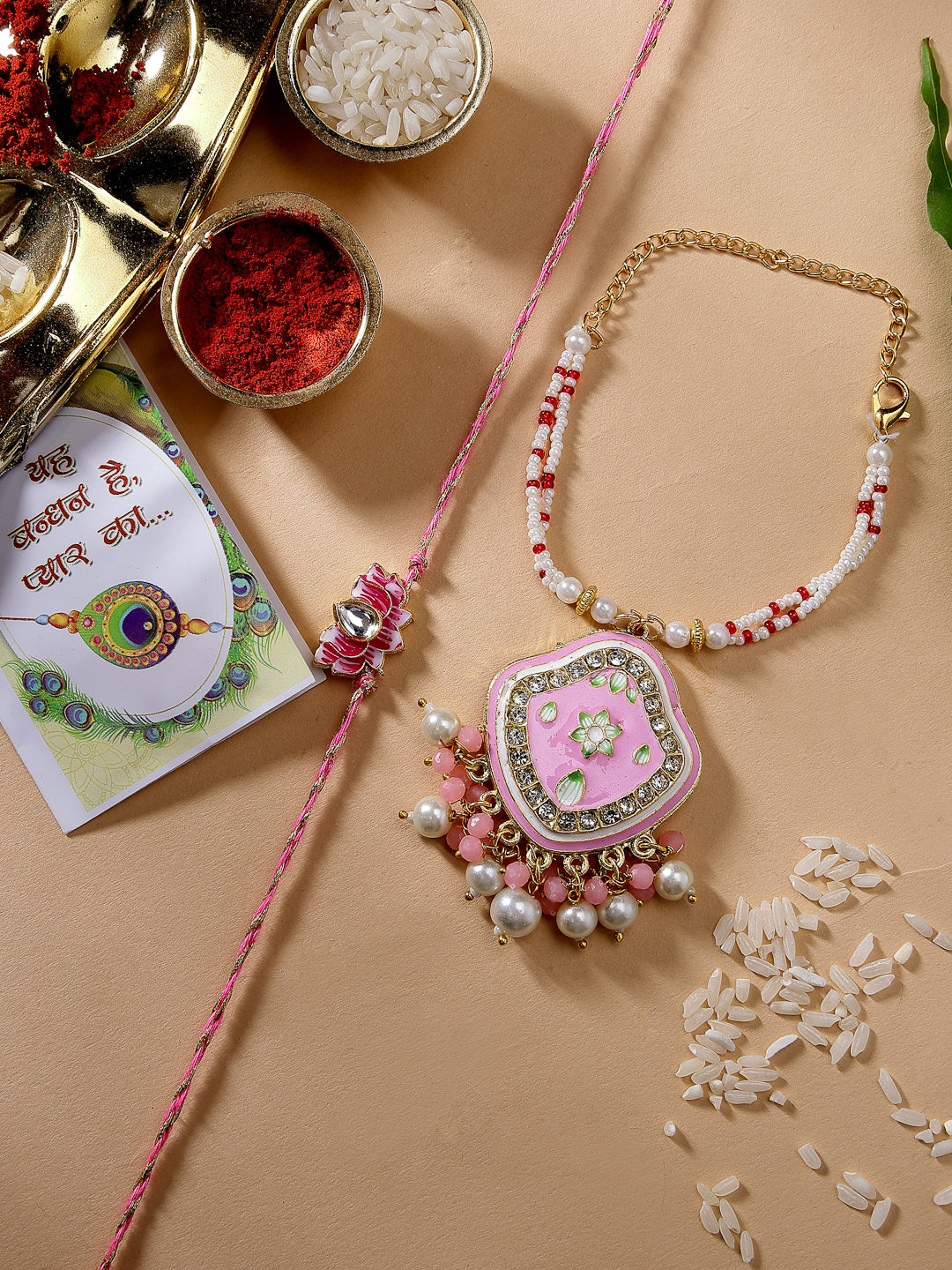 Set Of 2 Pink Lotus Shape Kundan Stone-Studded & Beaded Bhaiya Bhabhi Rakhi With Roli Chawal & Chocolate - Nvr