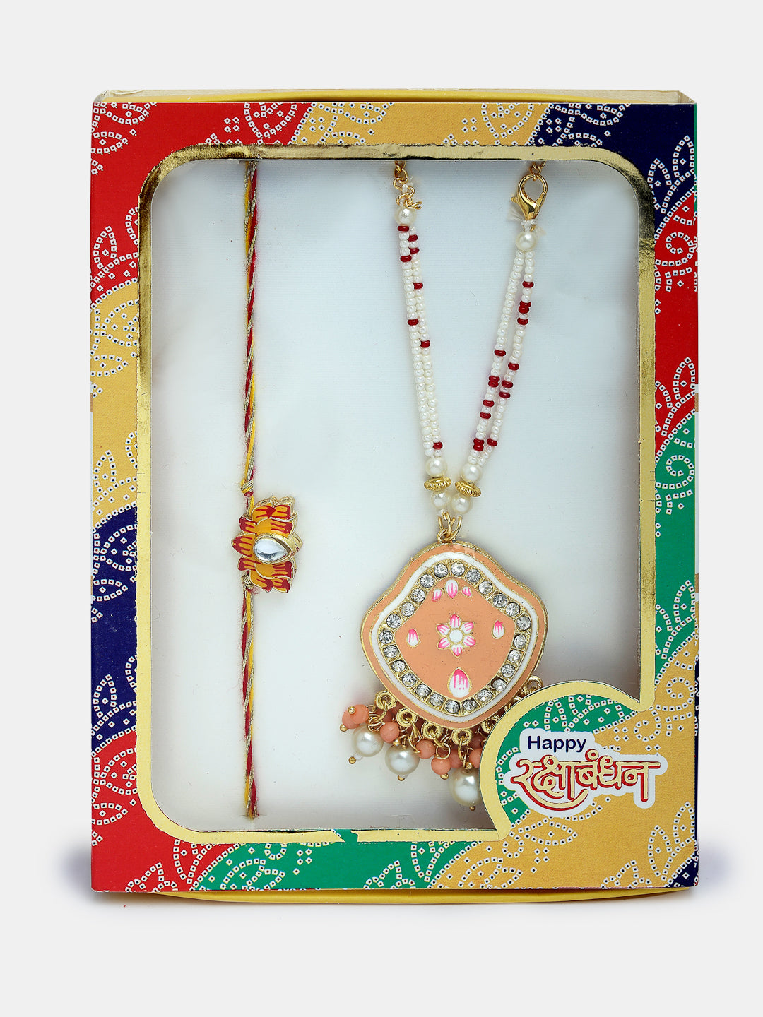 Set Of 2 Peach Lotus Shape Kundan Stone-Studded & Beaded Bhaiya Bhabhi Rakhi With Roli Chawal - Nvr