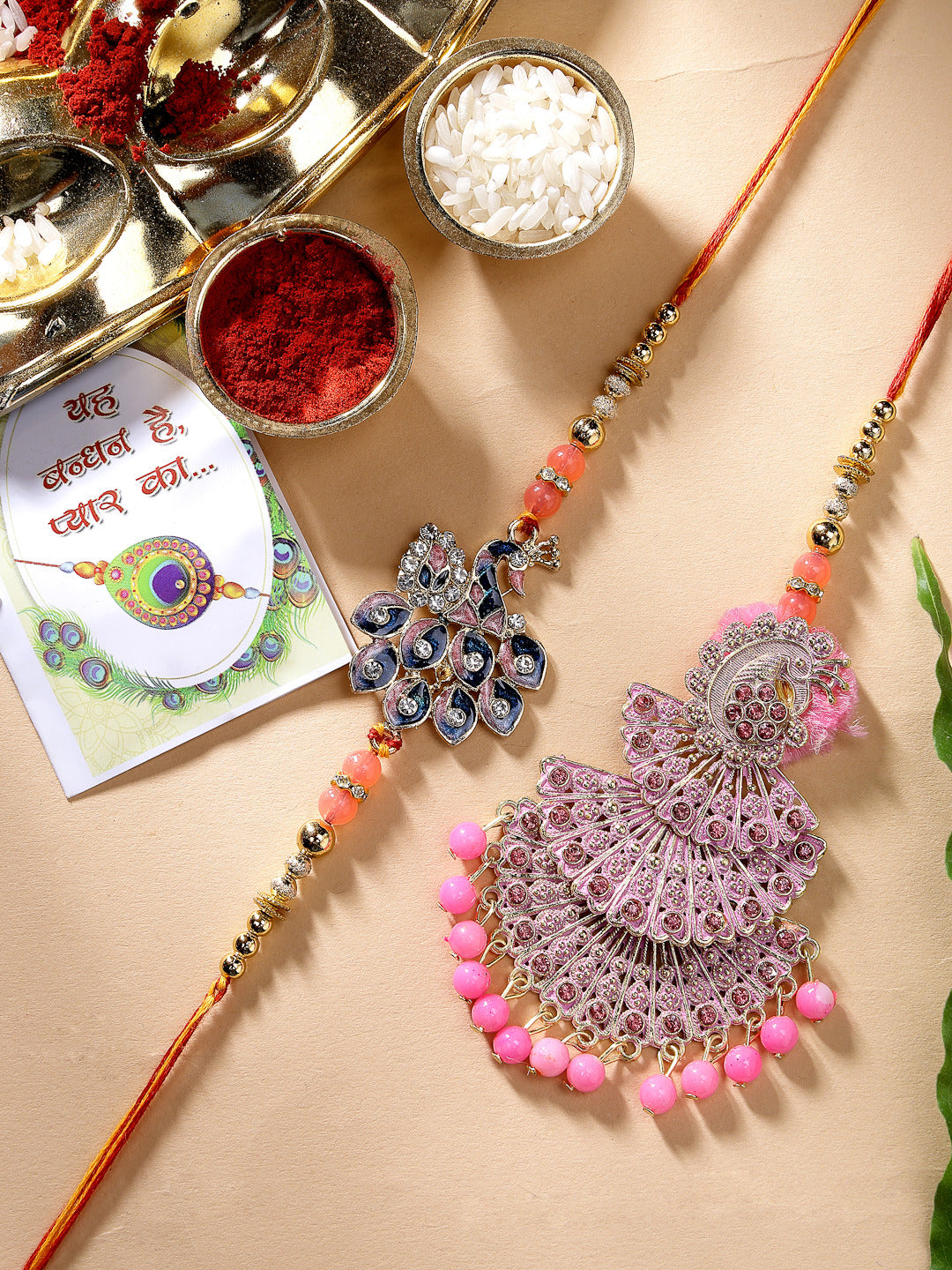 Set Of 2 Multicolor Peacock Design Stone-Studded & Beaded Bhaiya Bhabhi Rakhi With Roli Chawal & Chocolate - Nvr