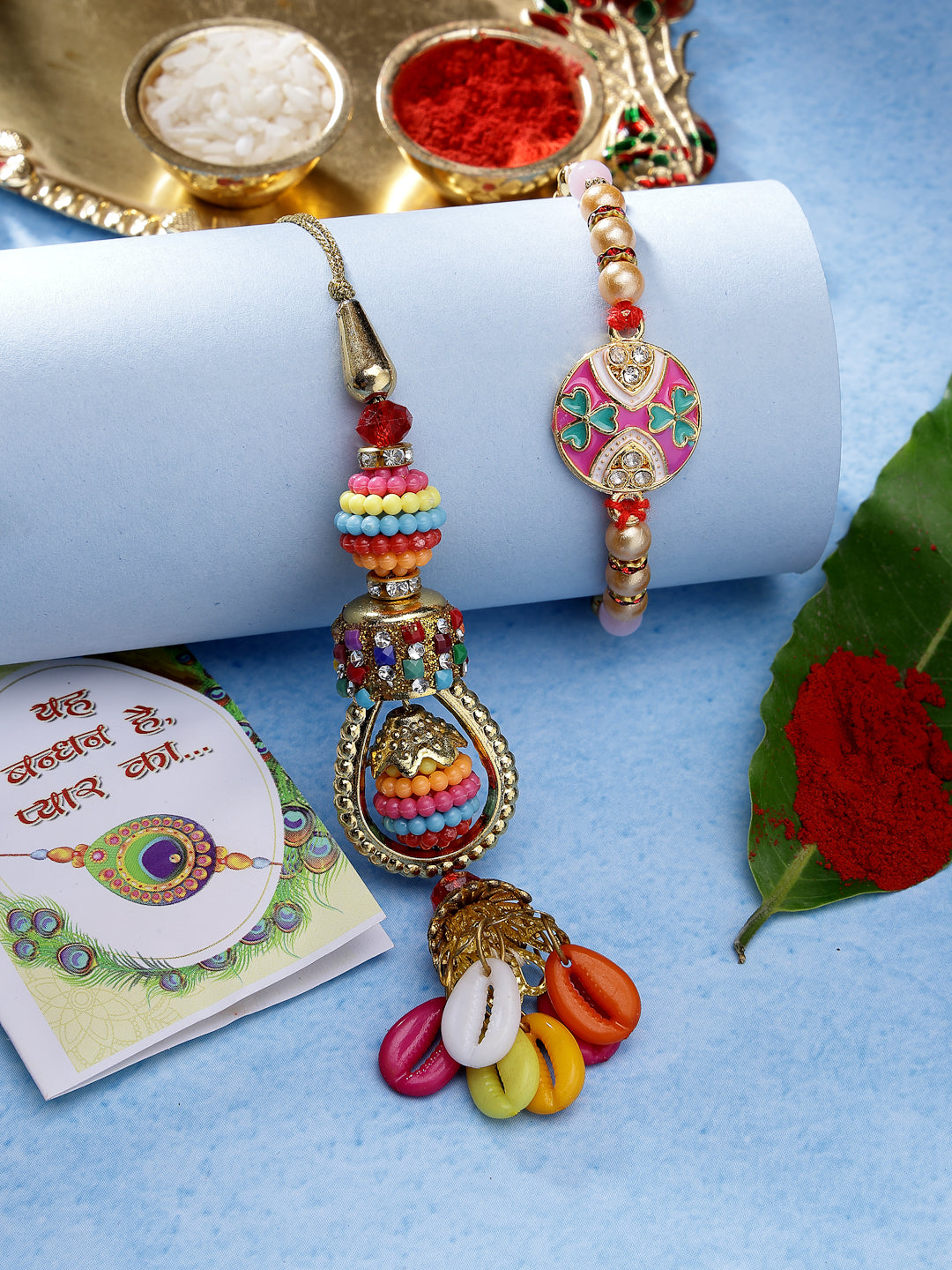 Set Of 2 Multicolor Artificial Beads Bhaiya Bhabhi Rakhi With Roli Chawal & Chocolate - Nvr