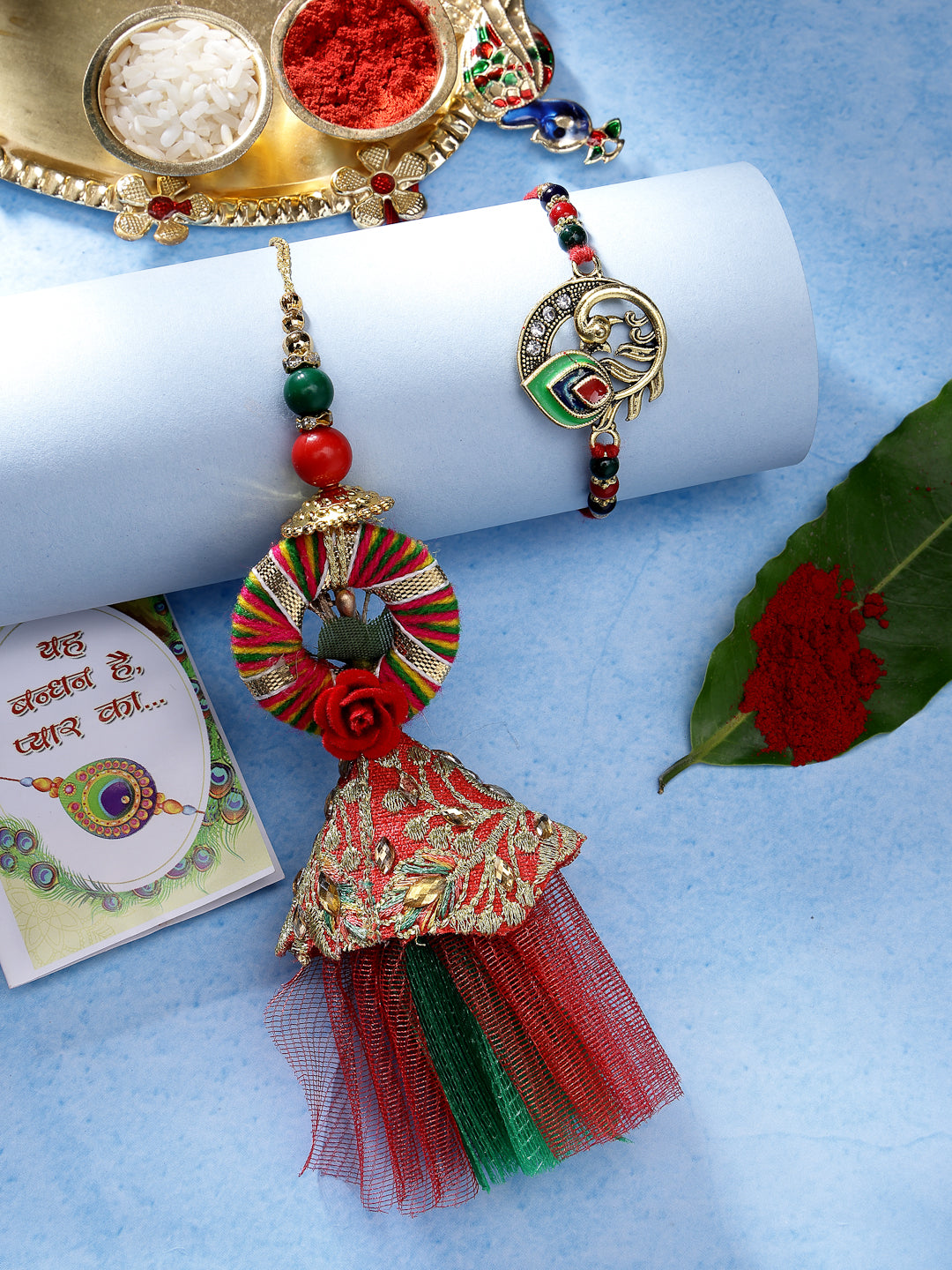 Set Of 2 Multicolor Peacock Design Bhaiya Bhabhi Rakhi With Roli Chawal & Chocolate - Nvr