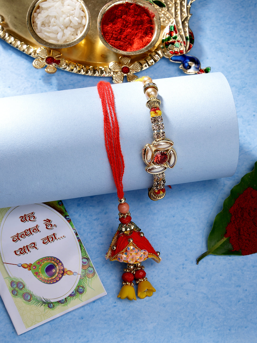 Set Of 2 Red & Gold-Toned Stone-Studded Bhaiya Bhabhi Rakhi With Roli Chawal & Chocolate - Nvr