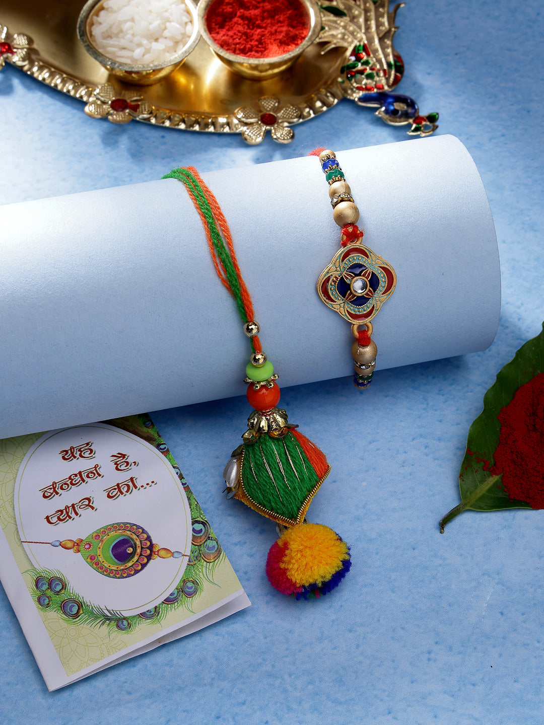 Set Of 2 Multicolor Beaded Bhaiya Bhabhi Rakhi With Roli Chawal - Nvr
