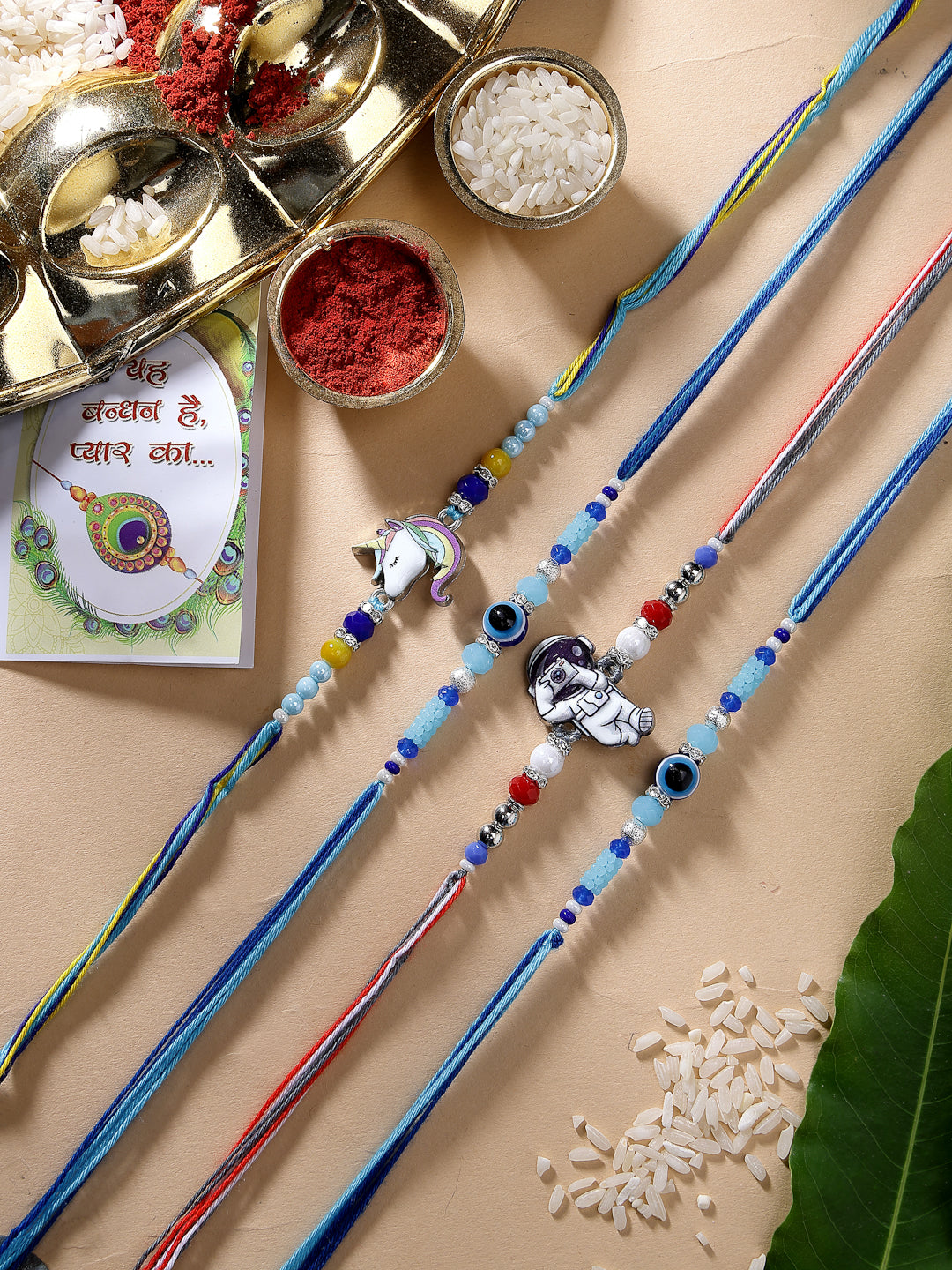 Set Of 4 Multicolor Evil Eye & Artificial Stone And Beads Rakhi With Roli Chawal & Chocolate - Nvr