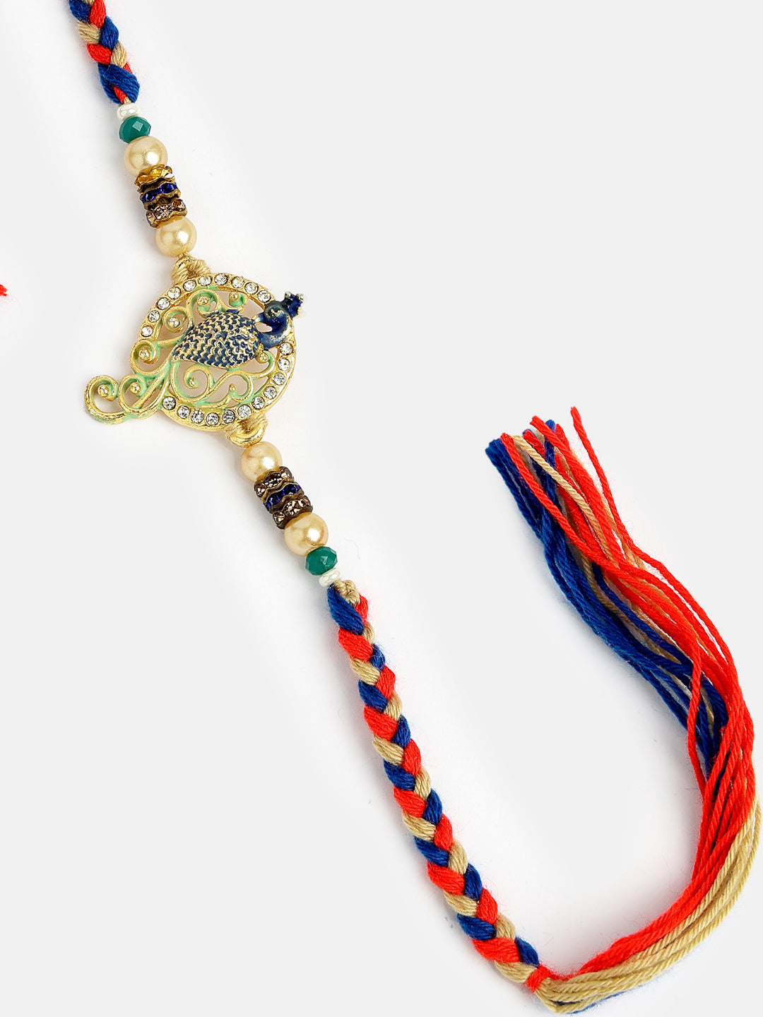 Gold-Toned Peacock Design Stone-Studdded Rakhi With Roli Chawal & Chocolate - Nvr