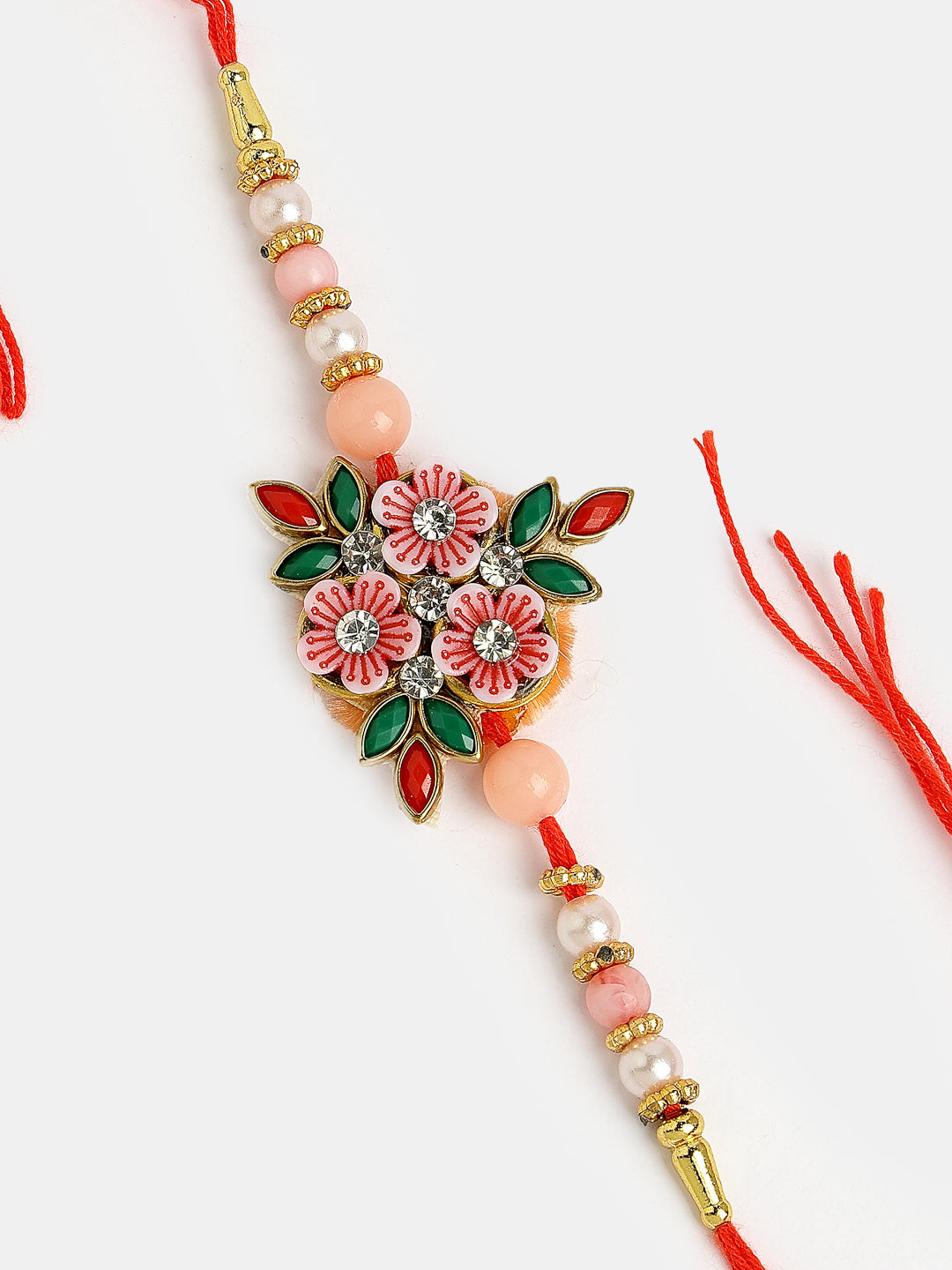 Pink Floral Shape Stone-Studdded & Beaded Rakhi With Roli Chawal & Chocolate - Nvr