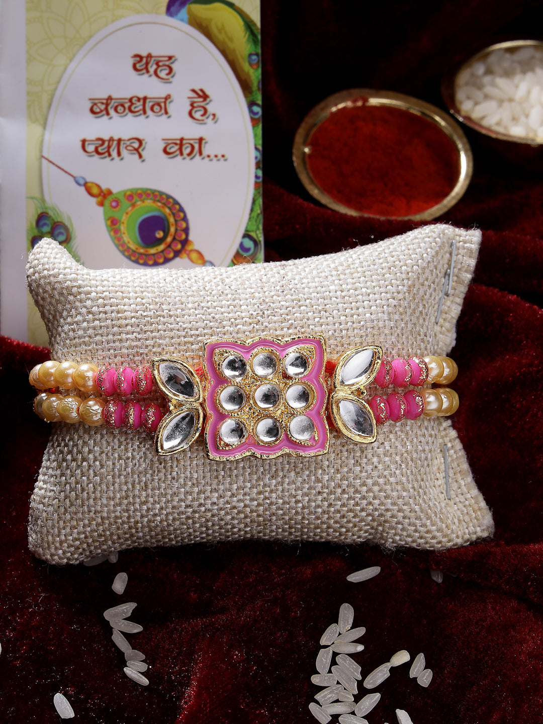 Pink & Gold-Toned Kundan-Studded Rakhi With Roli Chawal & Chocolate - Nvr