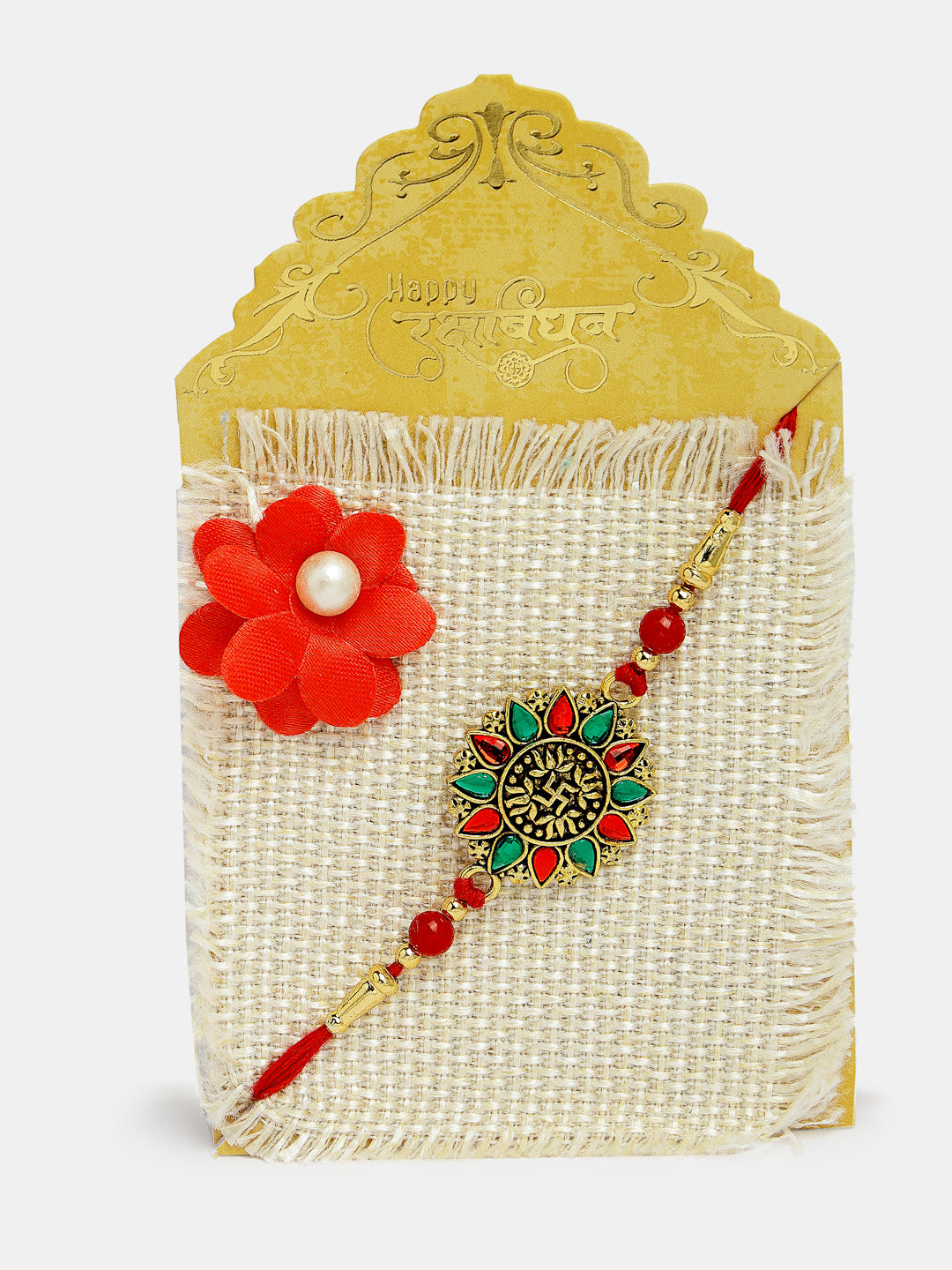 Red & Gold-Toned Stone-Studded Rakhi With Roli Chawal & Chocolate - Nvr