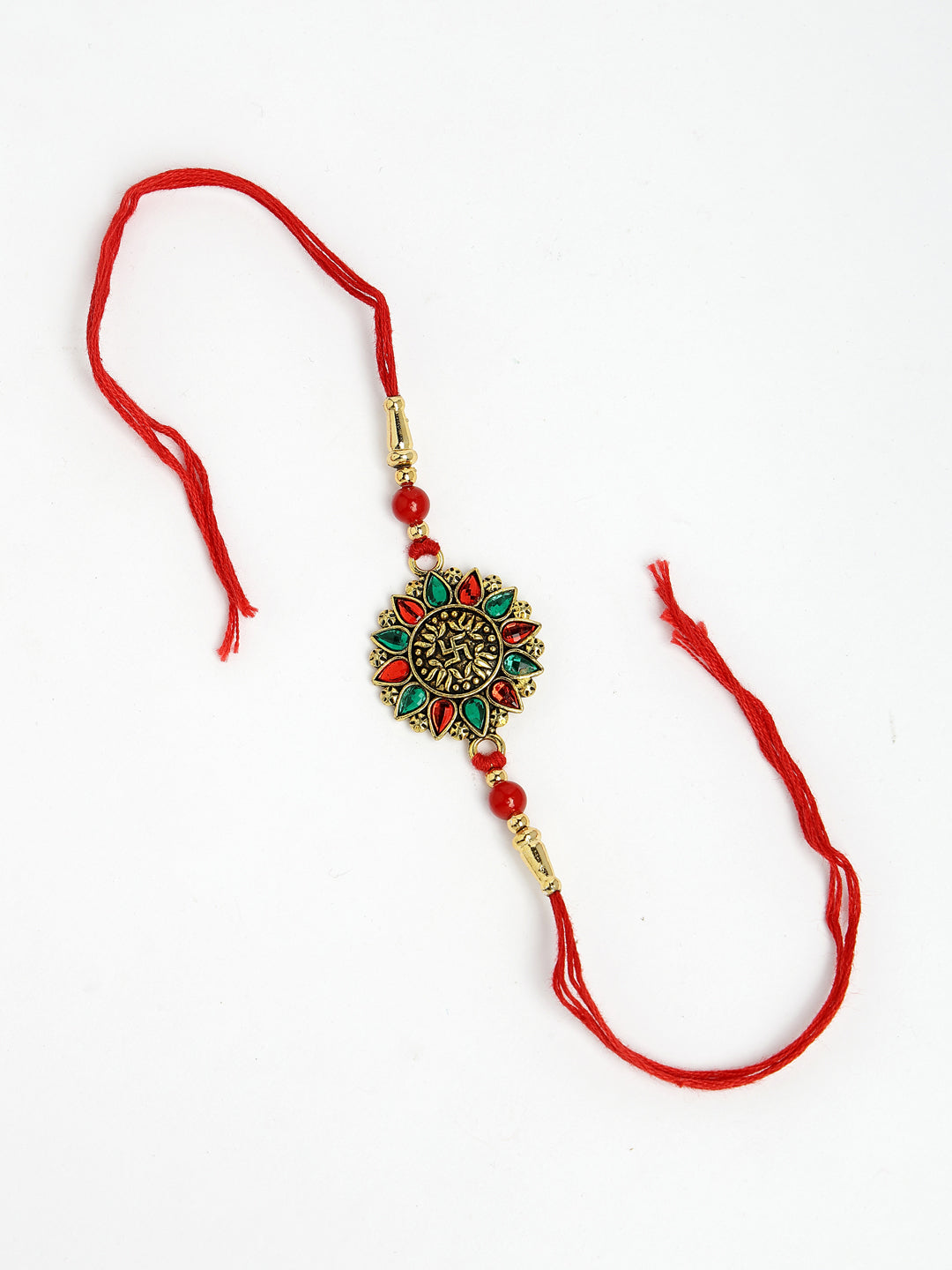 Red & Gold-Toned Stone-Studded Rakhi With Roli Chawal & Chocolate - Nvr
