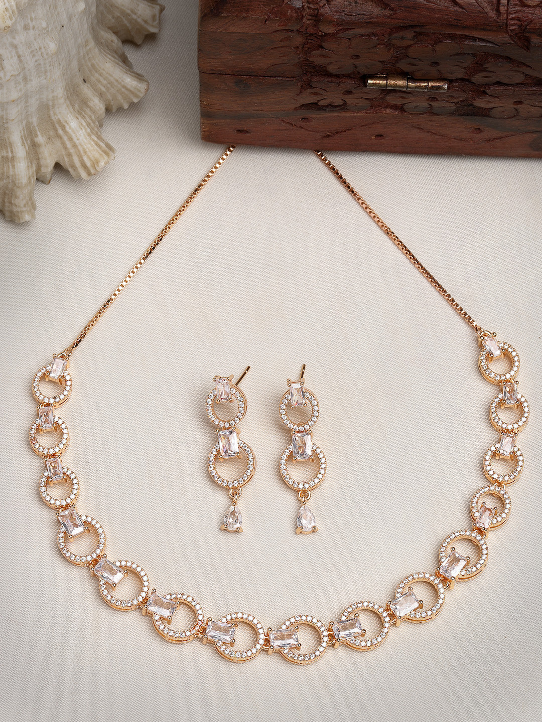 Women's Gold-Plated American Diamond Studded Handcrafted Jewellery Set