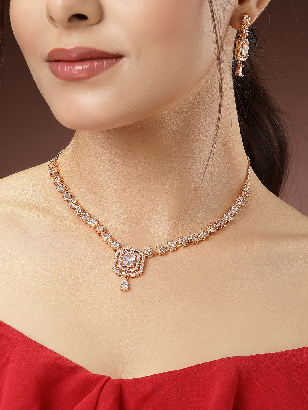 Women's Gold-Plated American Diamond Studded Handcrafted Jewellery Set