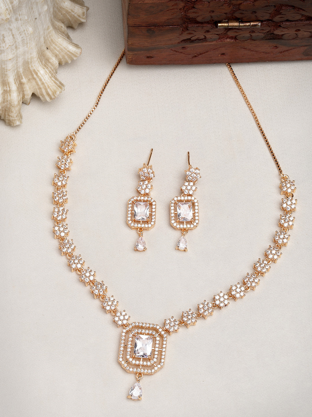 Women's Gold-Plated American Diamond Studded Handcrafted Jewellery Set