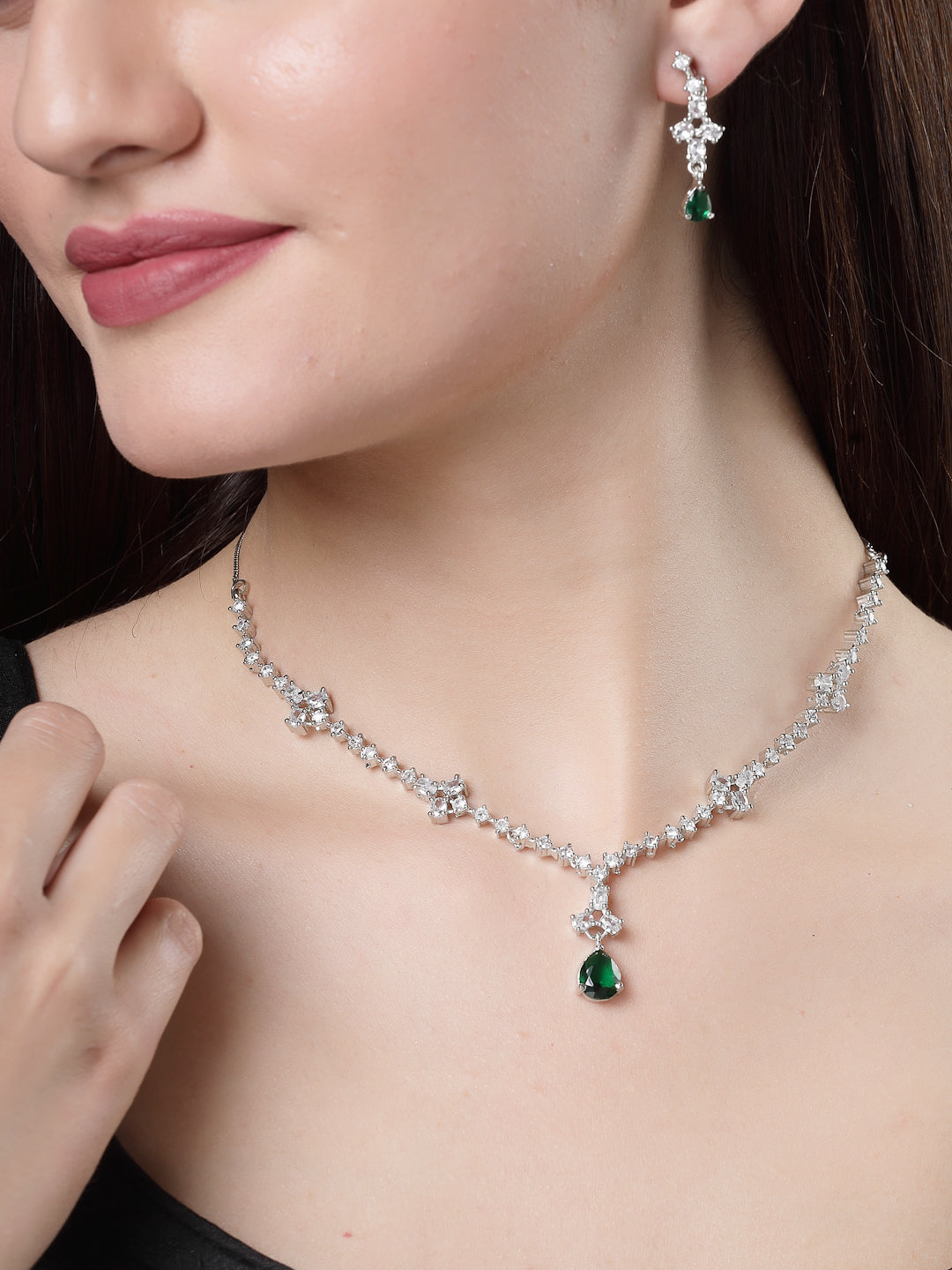 Women's Silver-Plated Green American Diamond Studded Jewellery Set
