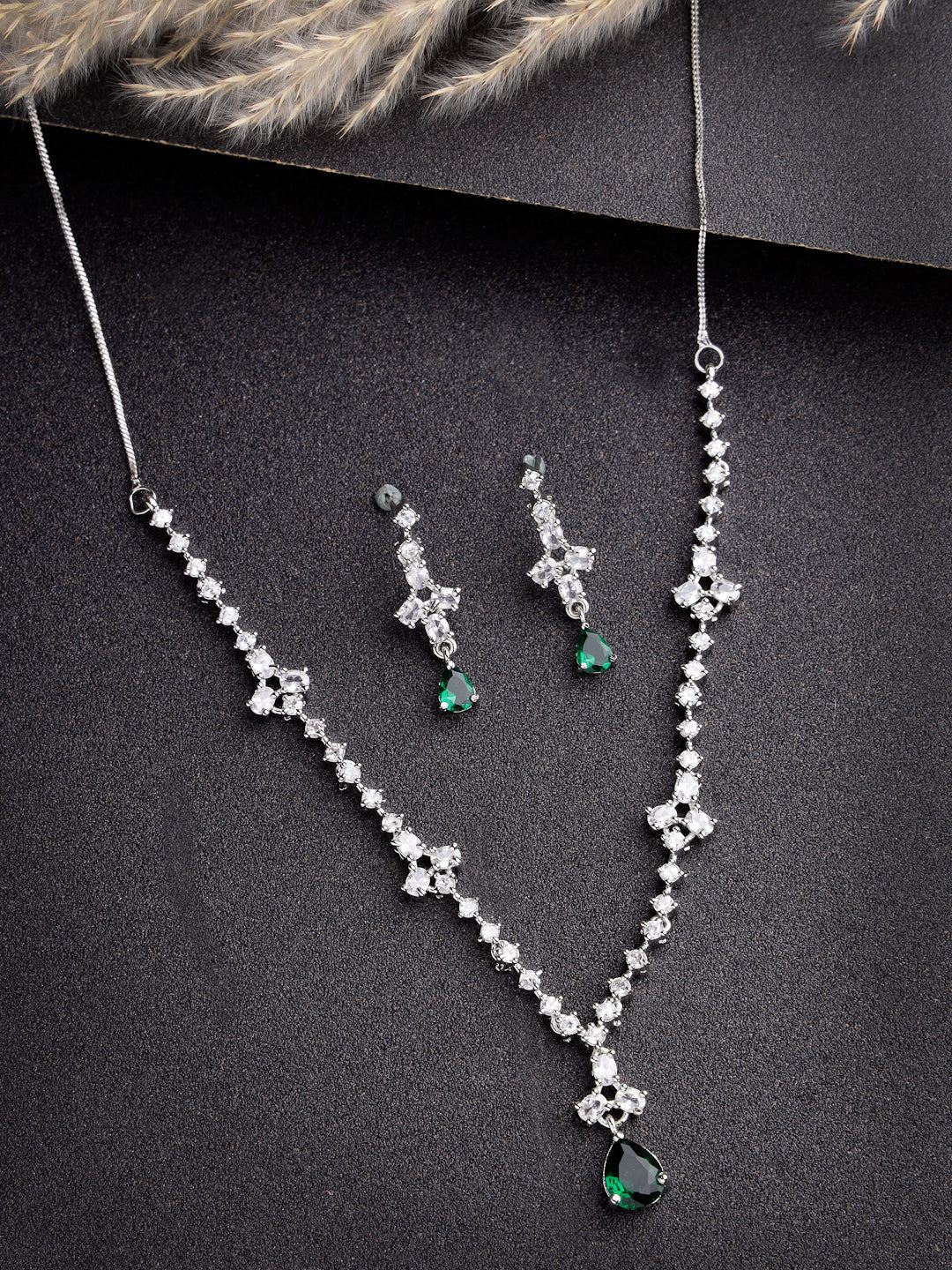 Women's Silver-Plated Green American Diamond Studded Jewellery Set