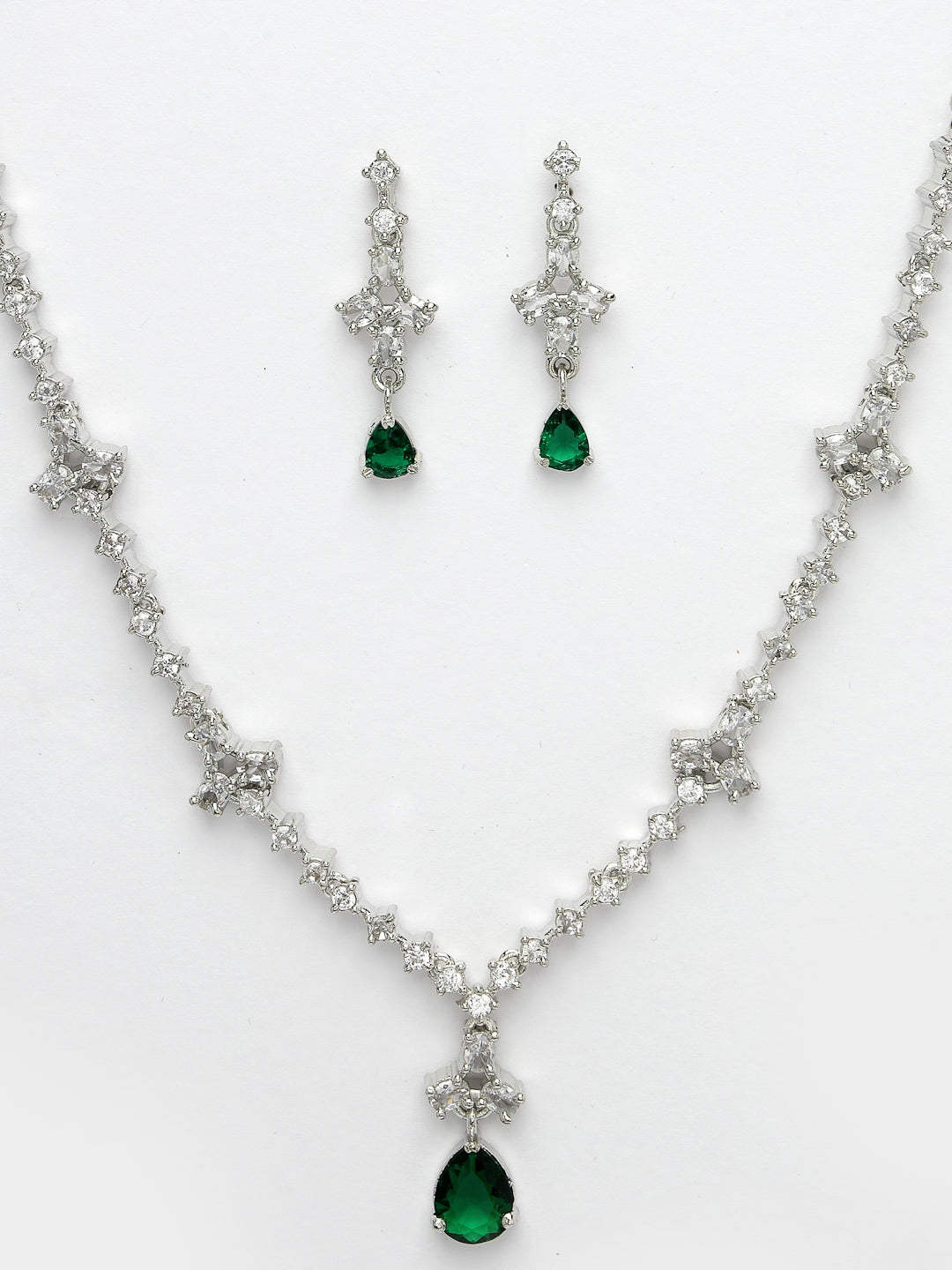 Women's Silver-Plated Green American Diamond Studded Jewellery Set
