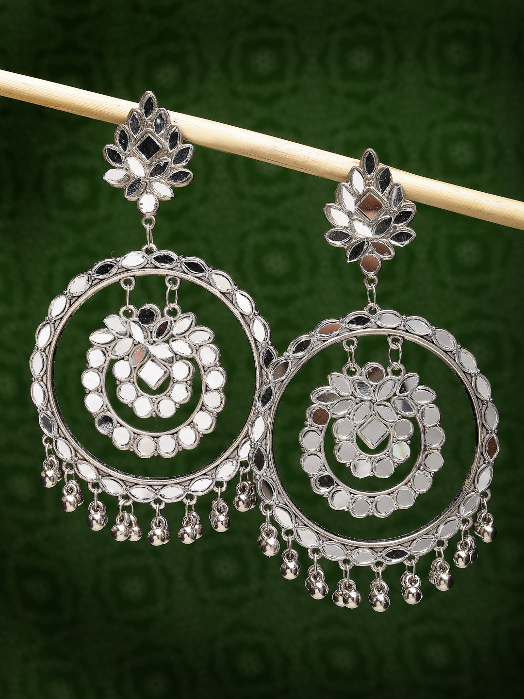 Women's Silver-Toned Mirror Work Oxidised Contemporary Drop Earrings - Nvr