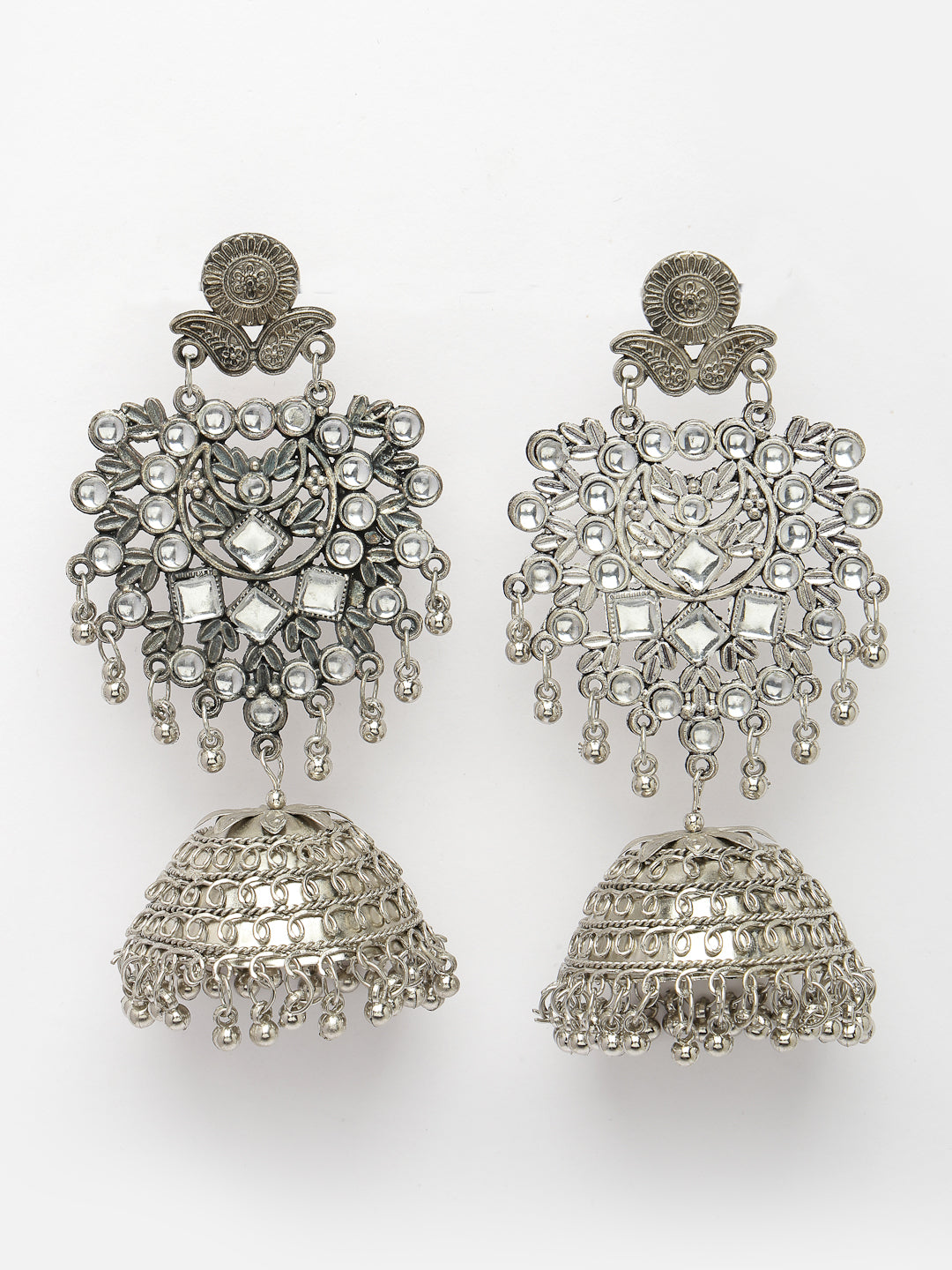 Women's Silver-Plated Oxidised Artificial Stones Dome Shaped Jhumka Earrings