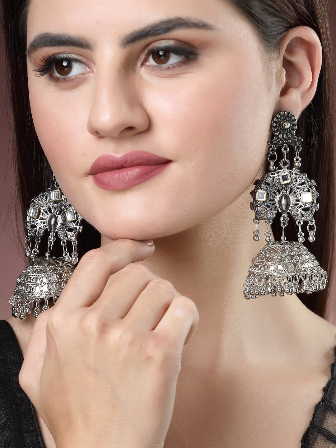 Women's Silver Plated Mirror Work Oxidised Contemporary Jhumka Earrings