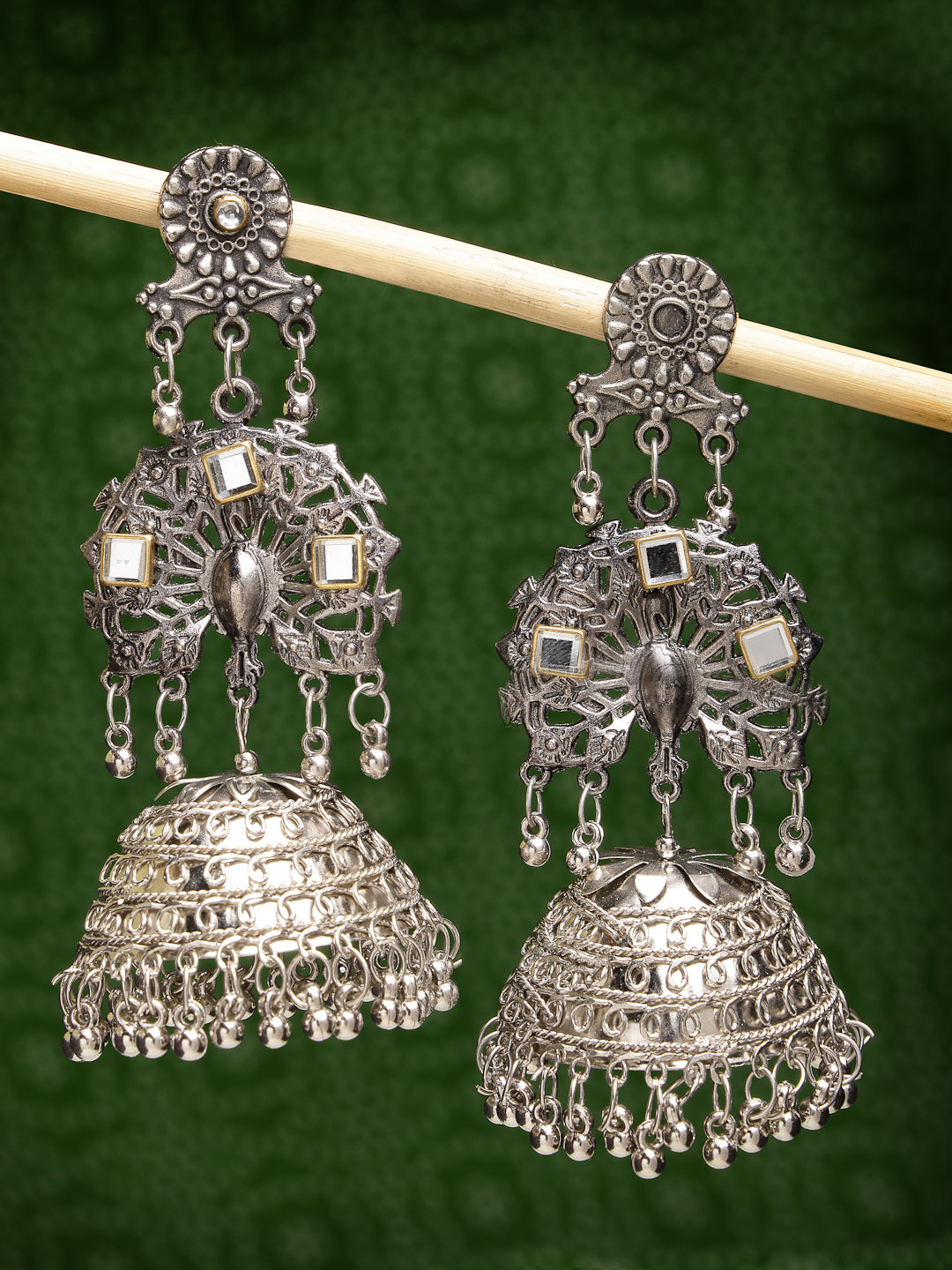 Women's Silver Plated Mirror Work Oxidised Contemporary Jhumka Earrings