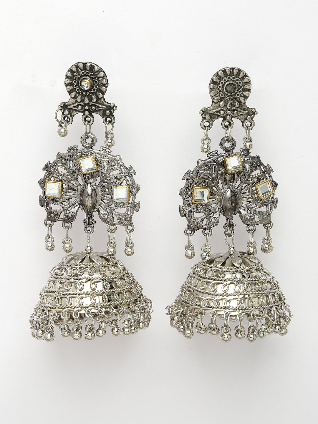 Women's Silver Plated Mirror Work Oxidised Contemporary Jhumka Earrings