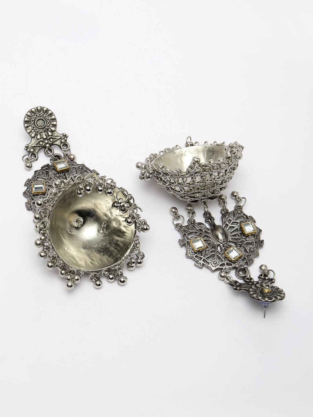 Women's Silver Plated Mirror Work Oxidised Contemporary Jhumka Earrings