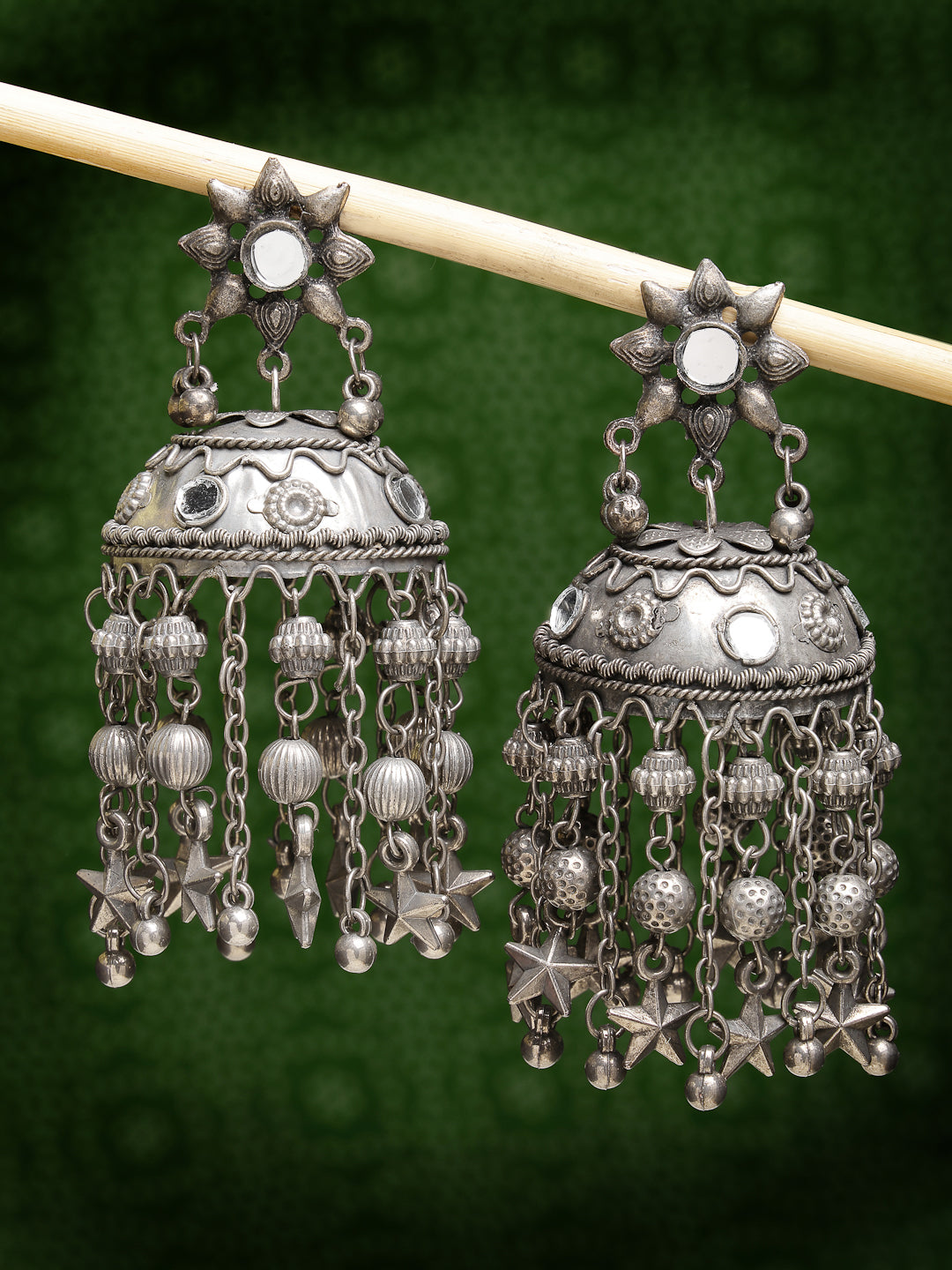 Women's Silver Plated Mirror Work Oxidised Contemporary Jhumka Earrings