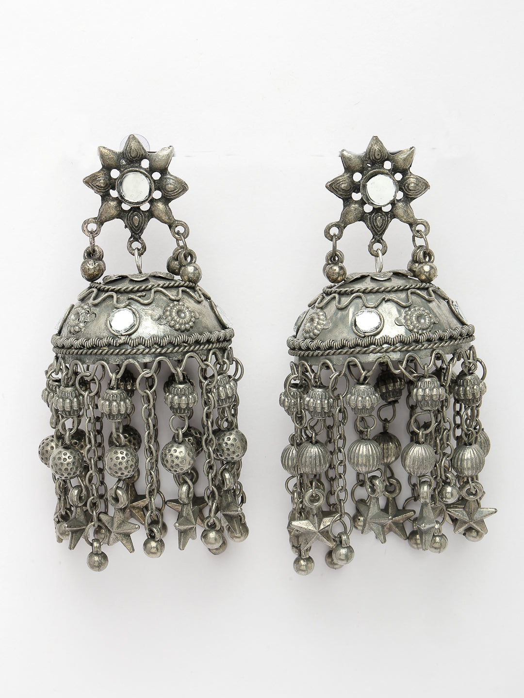 Women's Silver Plated Mirror Work Oxidised Contemporary Jhumka Earrings - Nvr