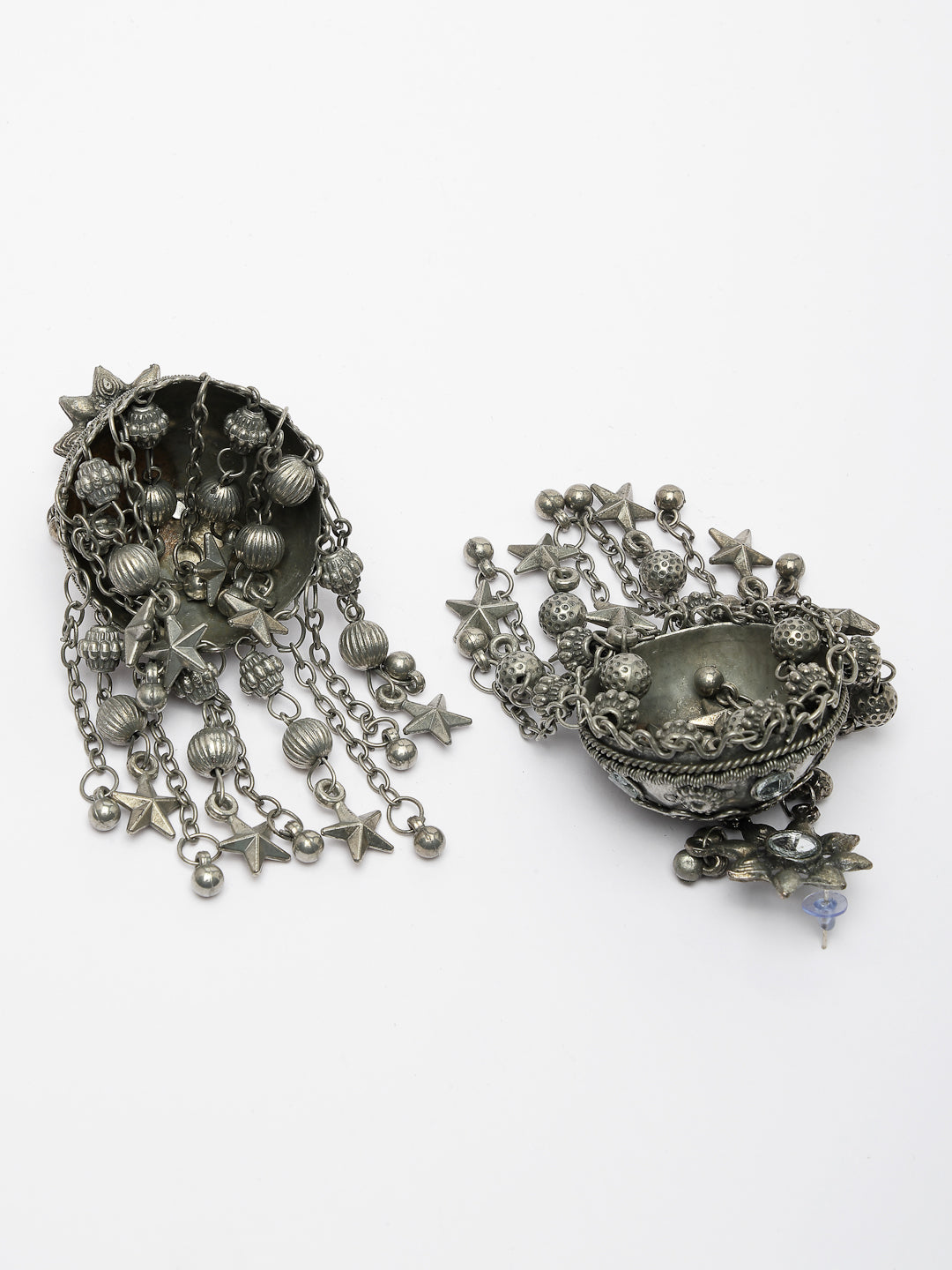 Women's Silver Plated Mirror Work Oxidised Contemporary Jhumka Earrings