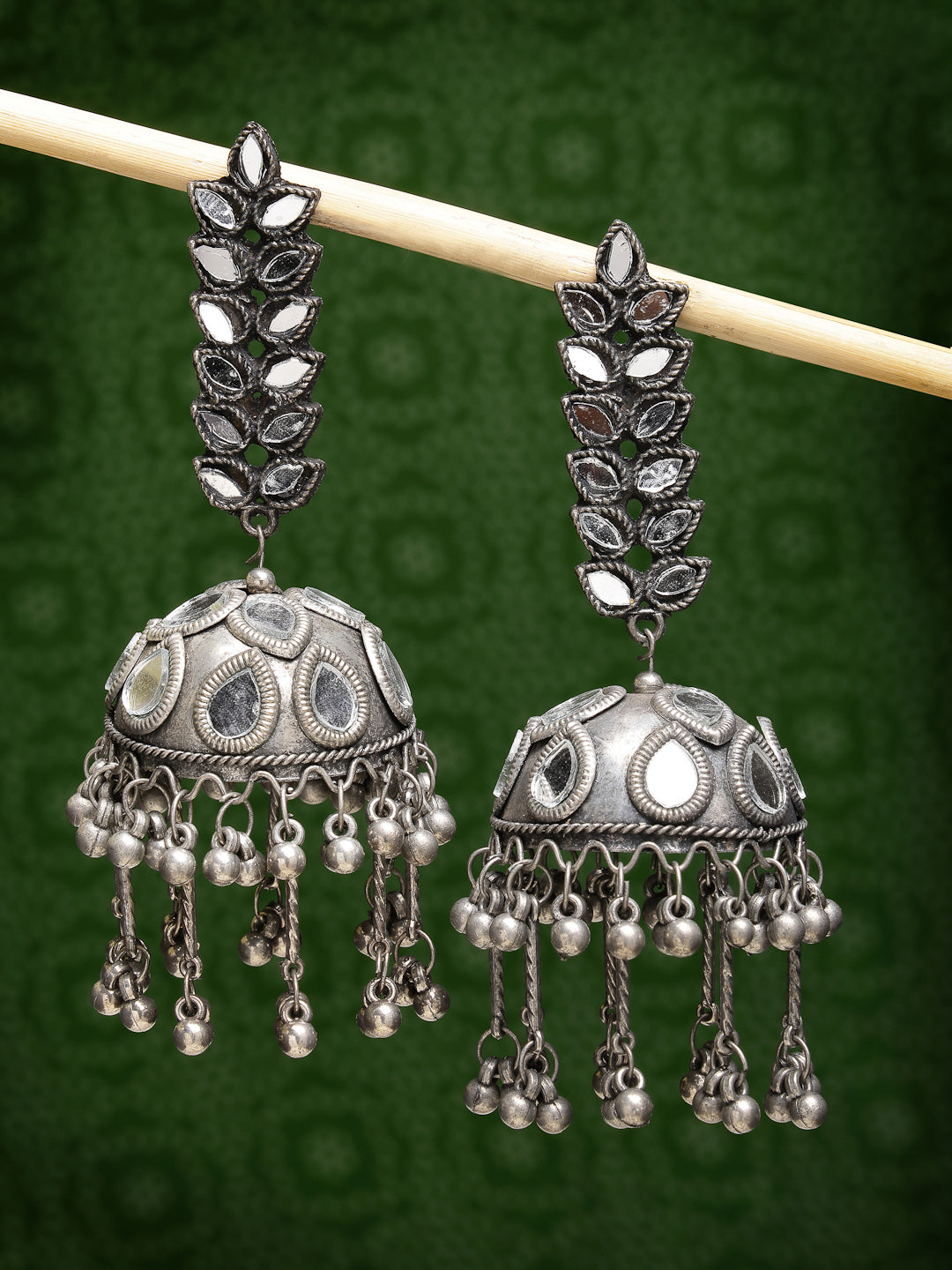 Women's Silver Plated Mirror Work Oxidised Contemporary Jhumka Earrings