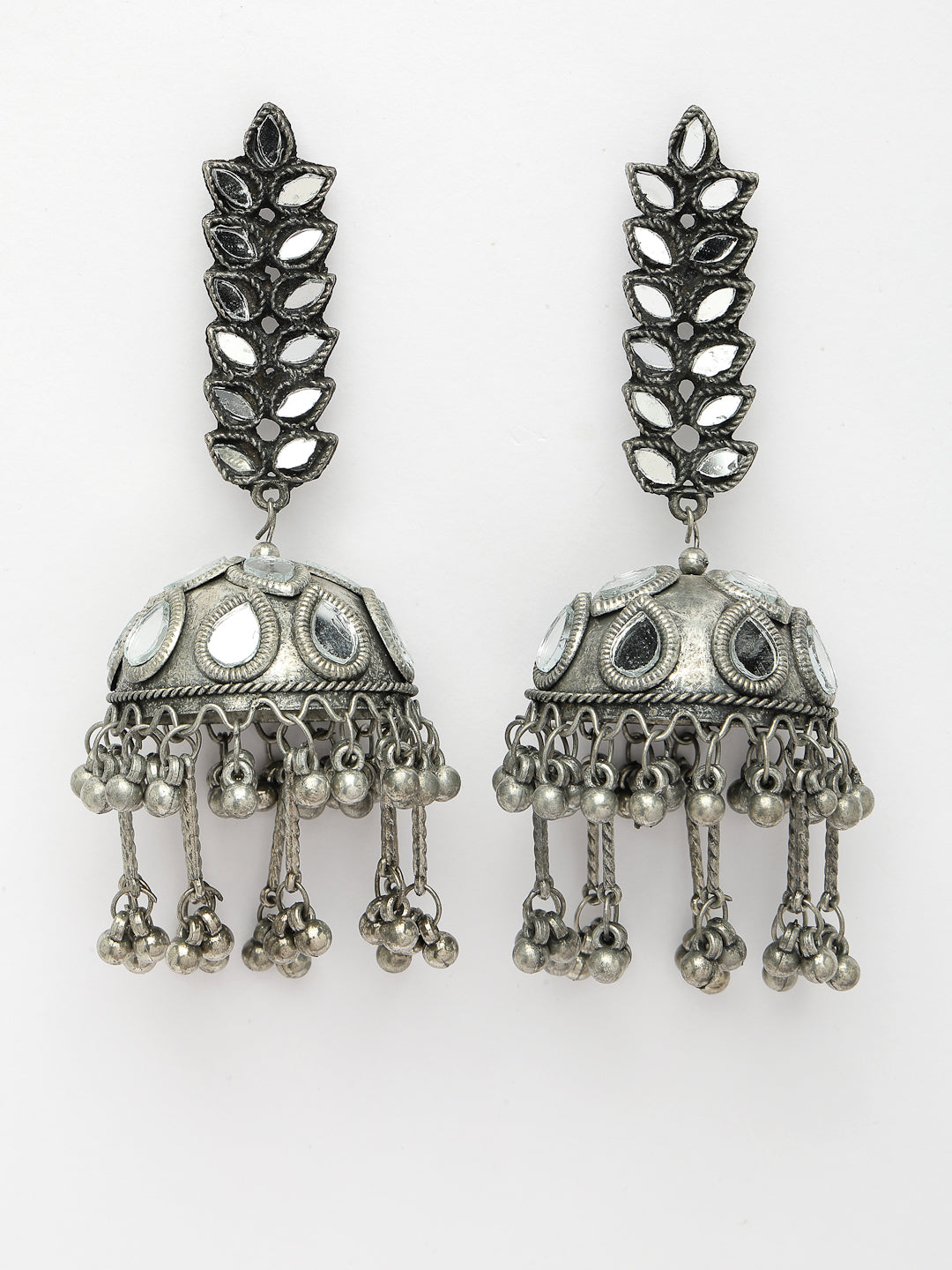 Women's Silver Plated Mirror Work Oxidised Contemporary Jhumka Earrings