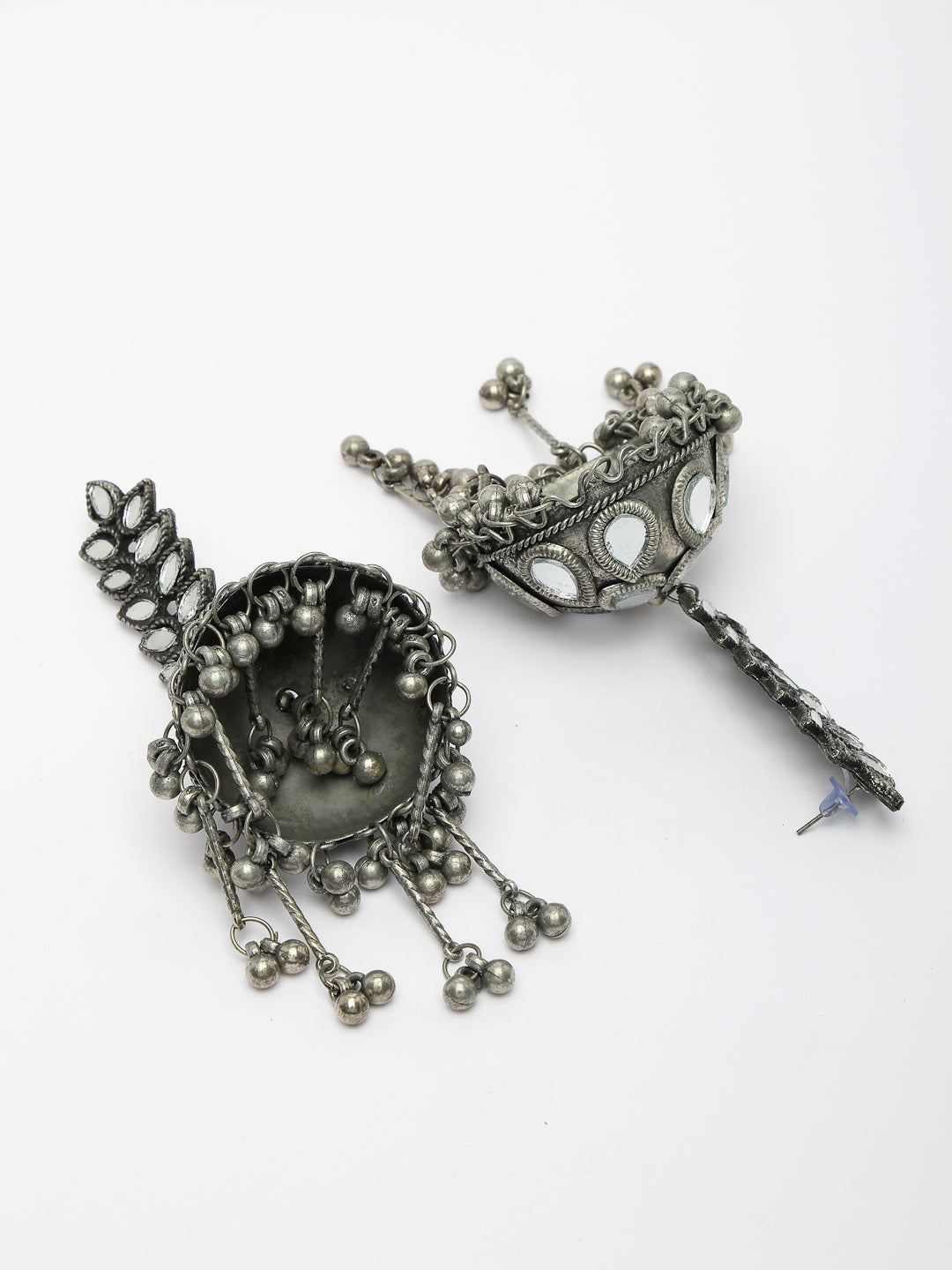 Women's Silver Plated Mirror Work Oxidised Contemporary Jhumka Earrings