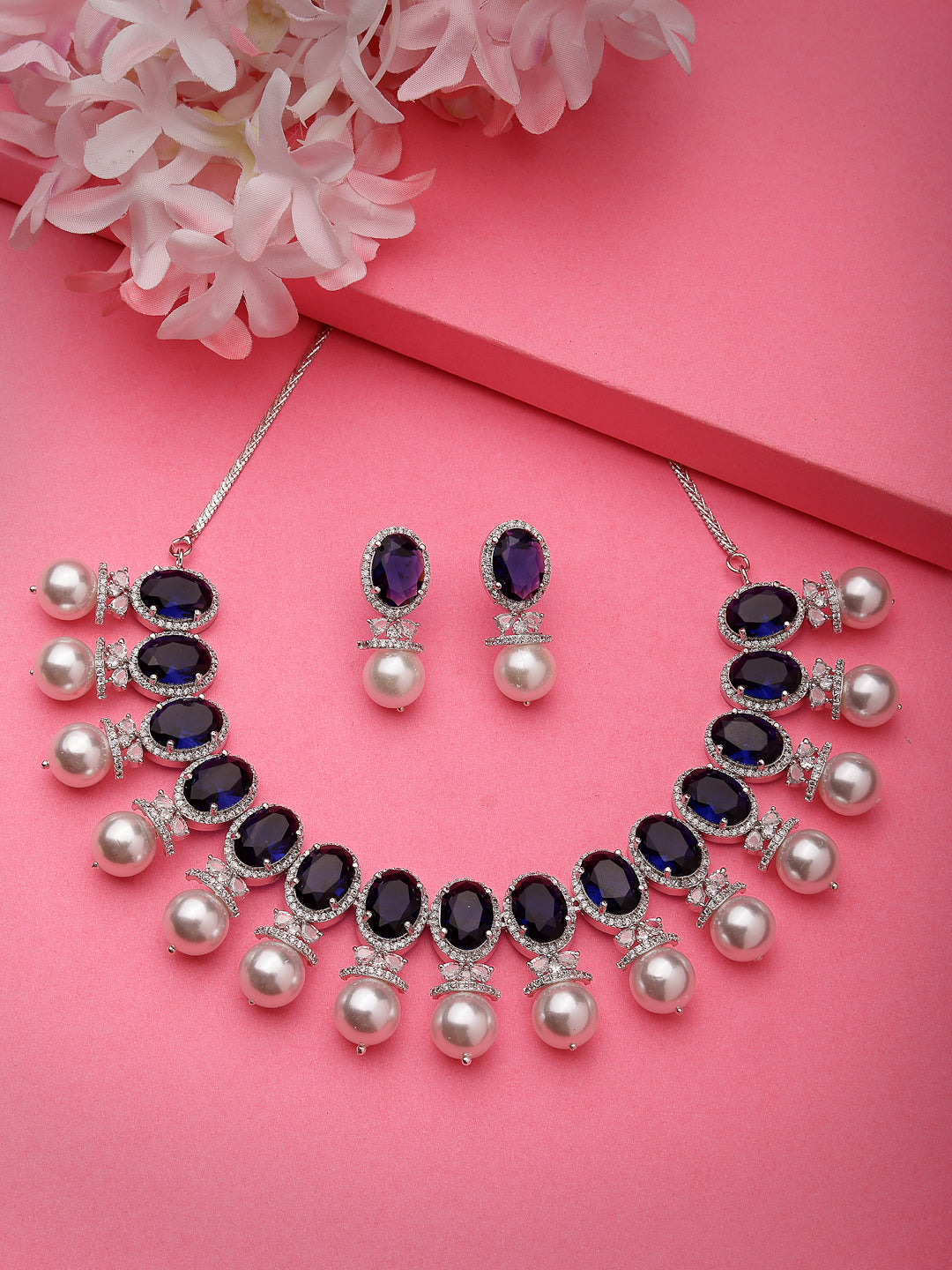 Women's Silver-Plated Blue American Diamond Studded Handcrafted Jewellery Set - Nvr