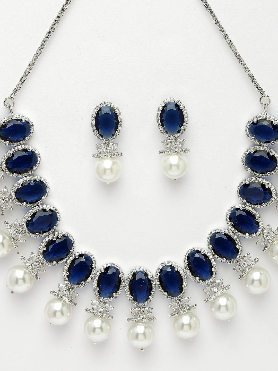 Women's Silver-Plated Blue American Diamond Studded Handcrafted Jewellery Set - Nvr