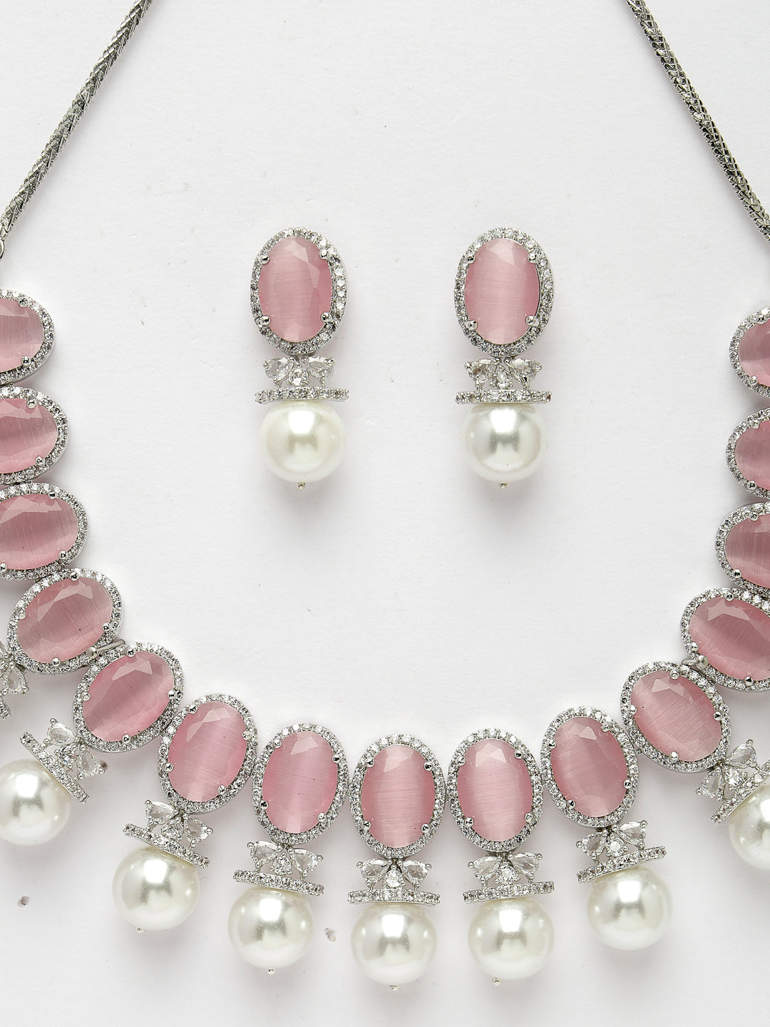 Women's Silver-Plated Pink American Diamond Studded Handcrafted Jewellery Set - Nvr